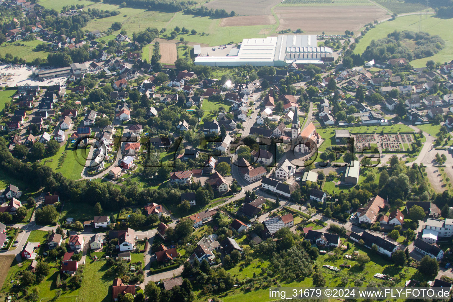 Aerial view of Town View of the streets and houses of the residential areas in the district Grossweier in Achern in the state Baden-Wurttemberg