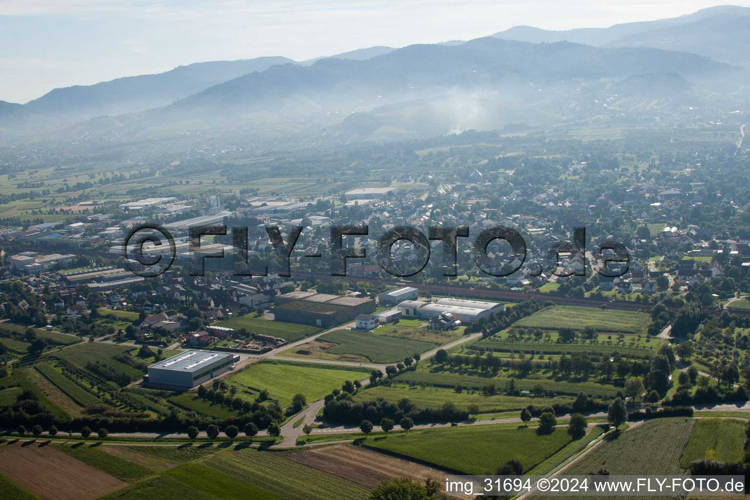 Aerial view of Building and production halls on the premises of Muffenrohr GmbH in Ottersweier in the state Baden-Wurttemberg