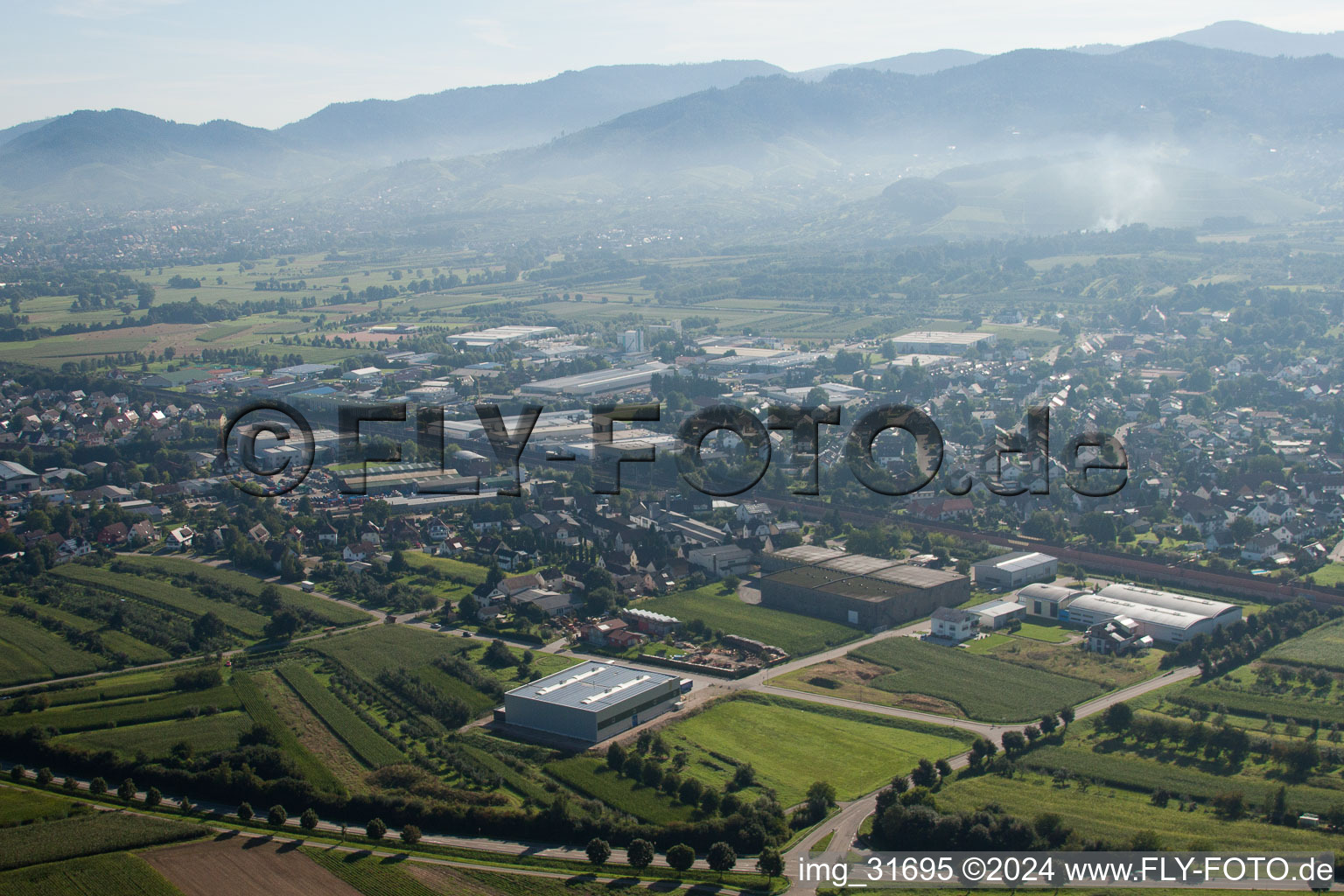 Aerial photograpy of Building and production halls on the premises of Muffenrohr GmbH in Ottersweier in the state Baden-Wurttemberg