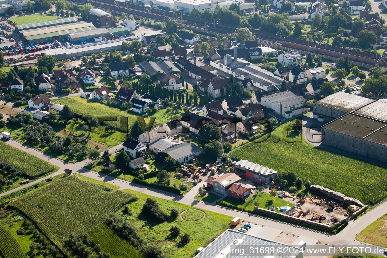 Building and production halls on the premises of Muffenrohr GmbH in Ottersweier in the state Baden-Wurttemberg seen from above