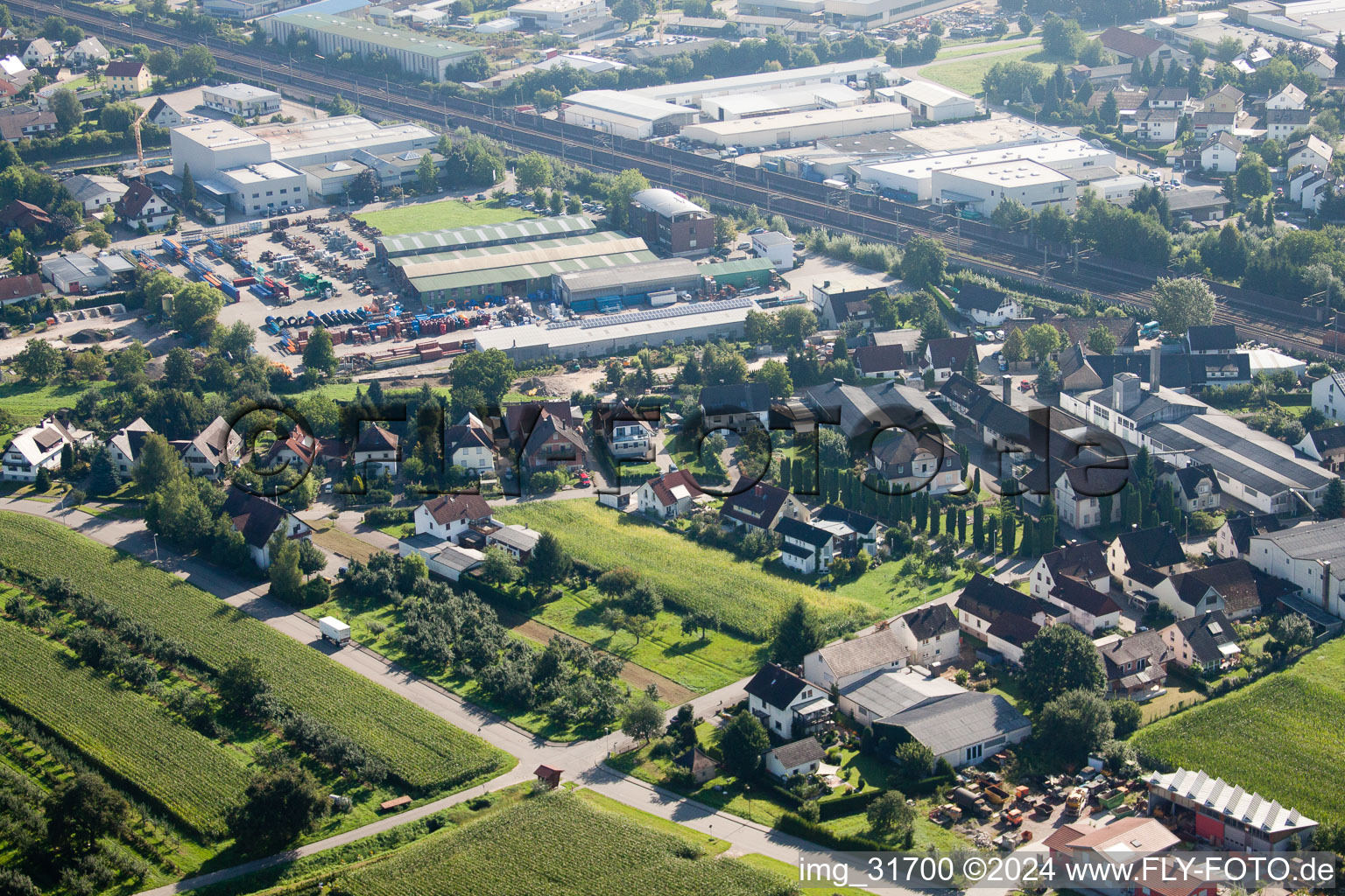 Building and production halls on the premises of Muffenrohr GmbH in Ottersweier in the state Baden-Wurttemberg from the plane