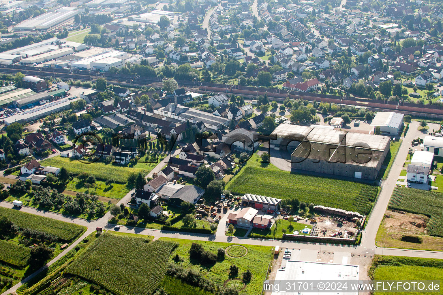 Bird's eye view of Building and production halls on the premises of Muffenrohr GmbH in Ottersweier in the state Baden-Wurttemberg