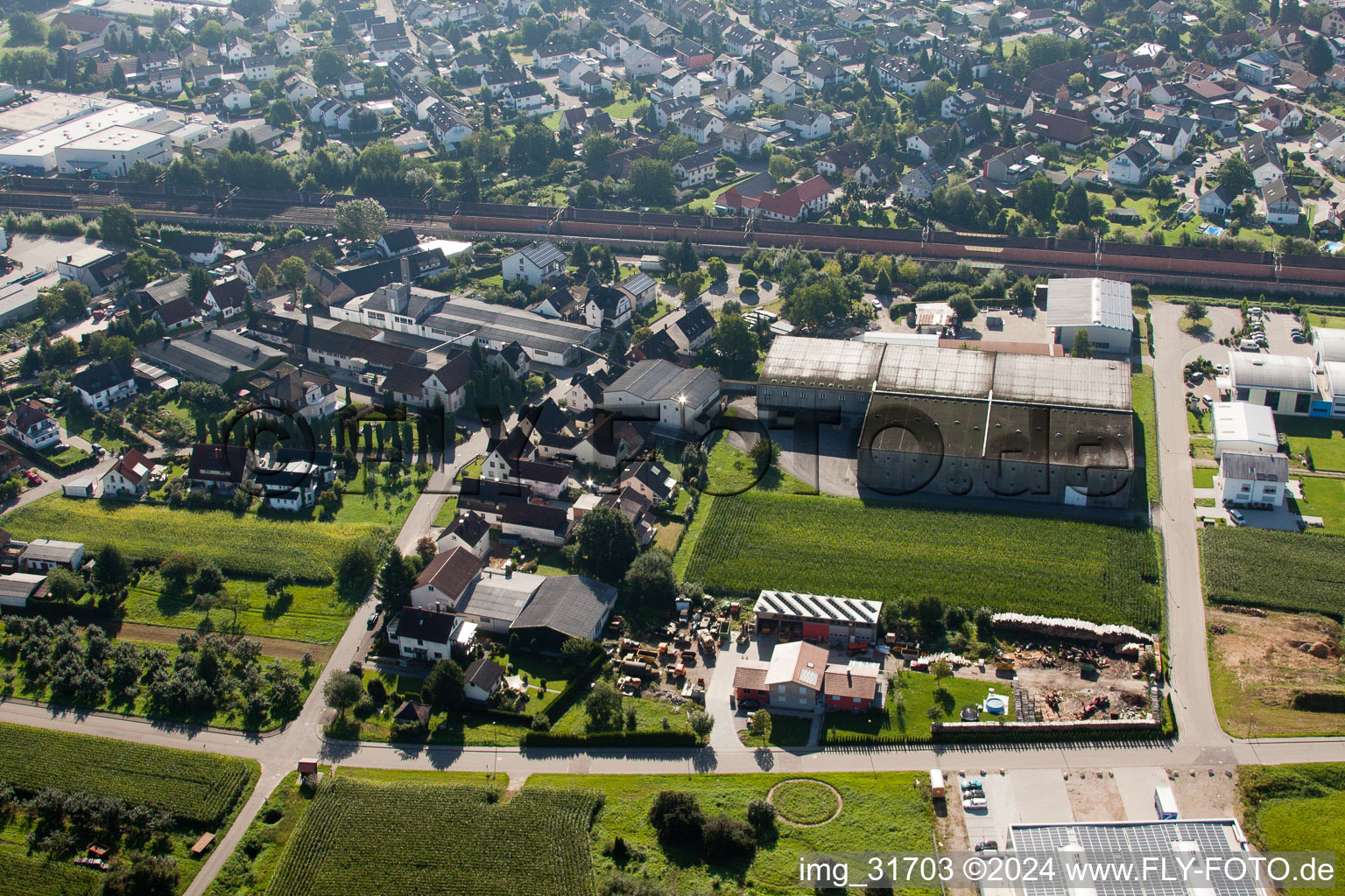 Building and production halls on the premises of Muffenrohr GmbH in Ottersweier in the state Baden-Wurttemberg viewn from the air