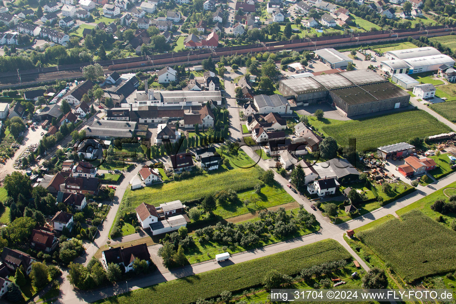 Drone recording of Building and production halls on the premises of Muffenrohr GmbH in Ottersweier in the state Baden-Wurttemberg