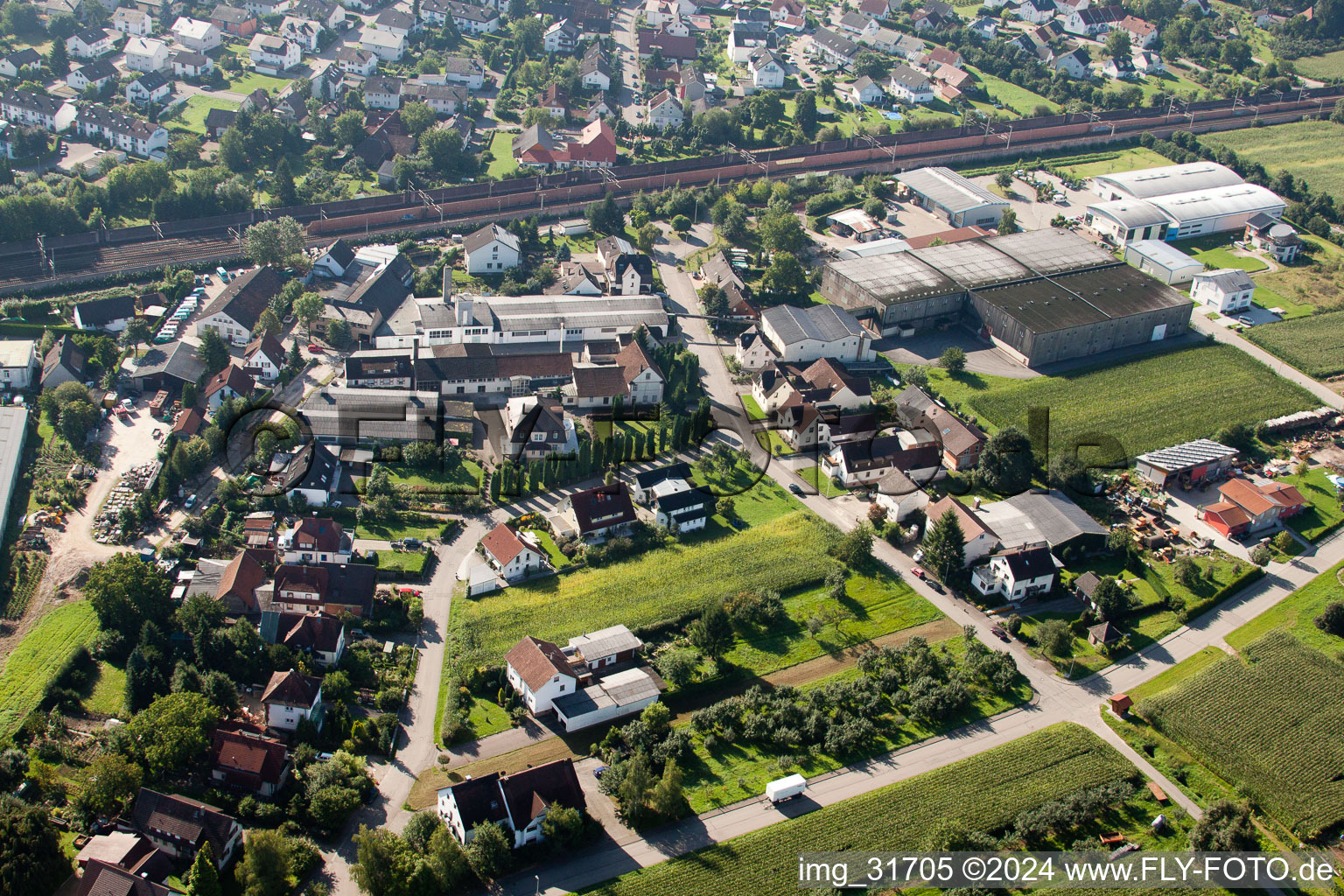 Drone image of Building and production halls on the premises of Muffenrohr GmbH in Ottersweier in the state Baden-Wurttemberg