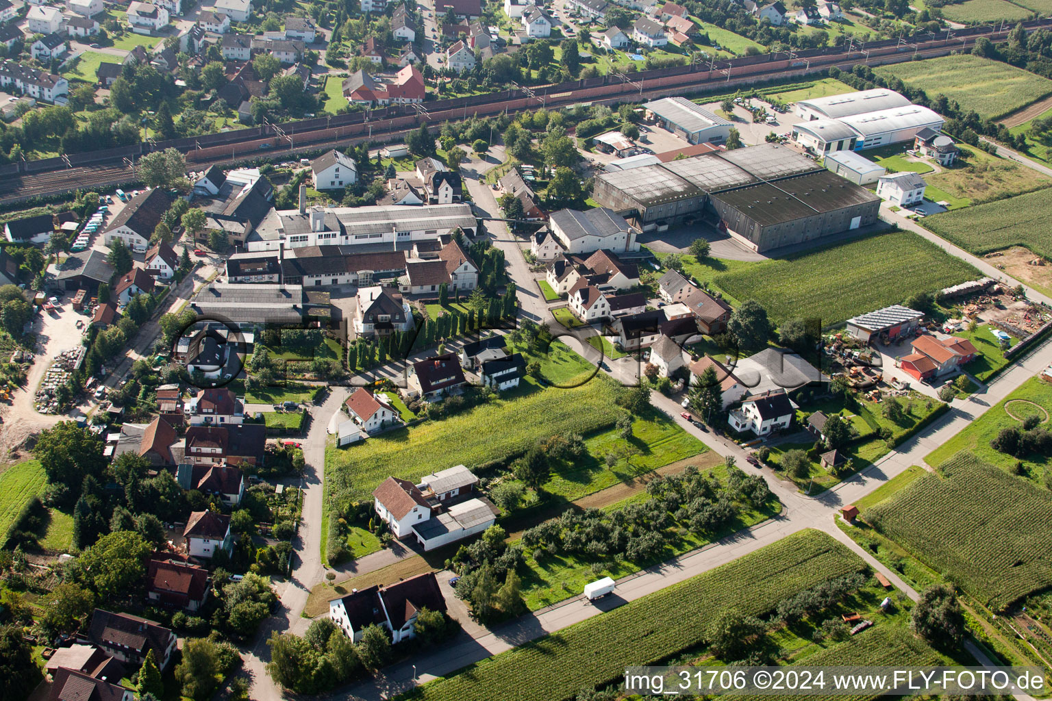 Building and production halls on the premises of Muffenrohr GmbH in Ottersweier in the state Baden-Wurttemberg from the drone perspective