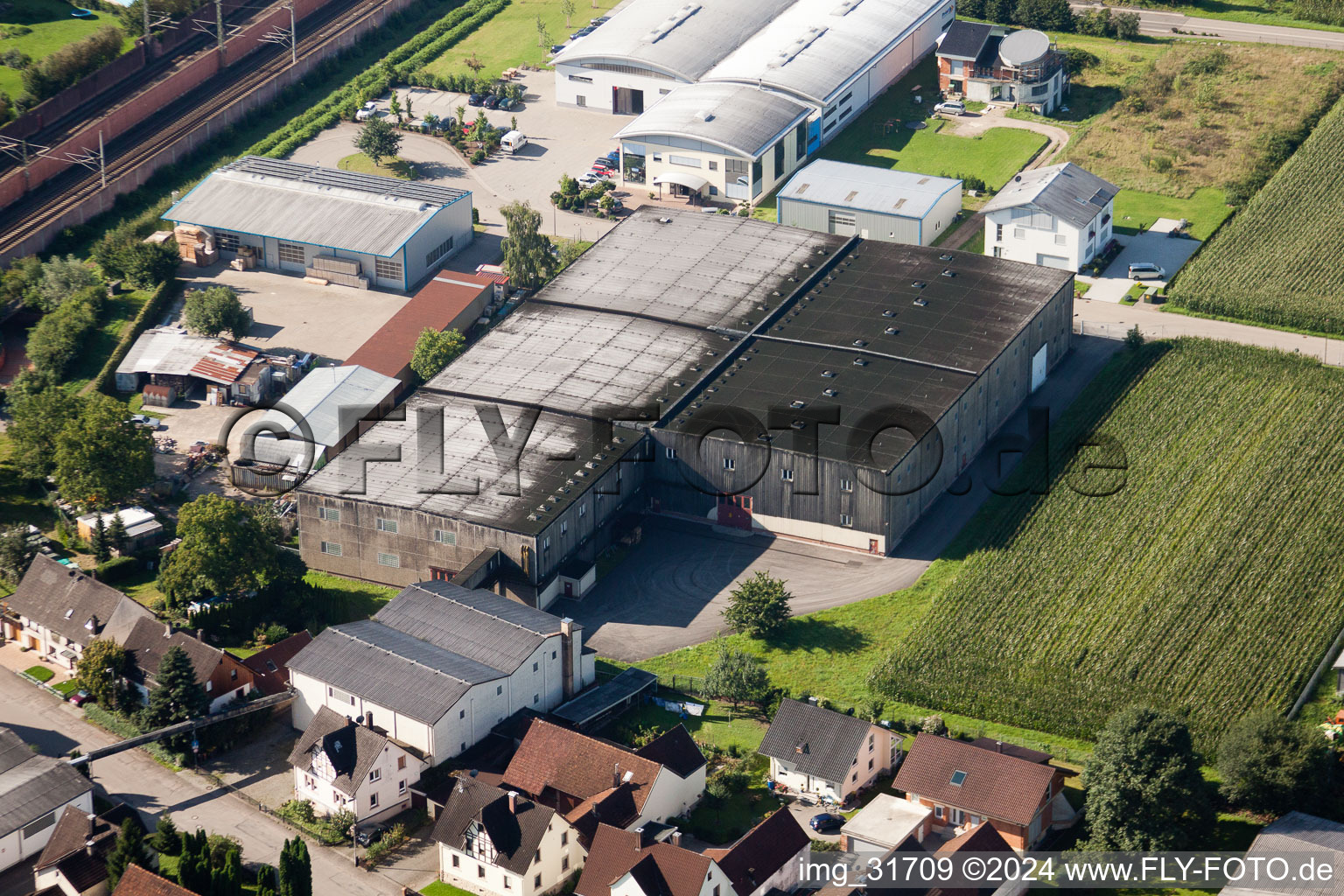 Aerial view of Building and production halls on the premises of Muffenrohr GmbH in Ottersweier in the state Baden-Wurttemberg