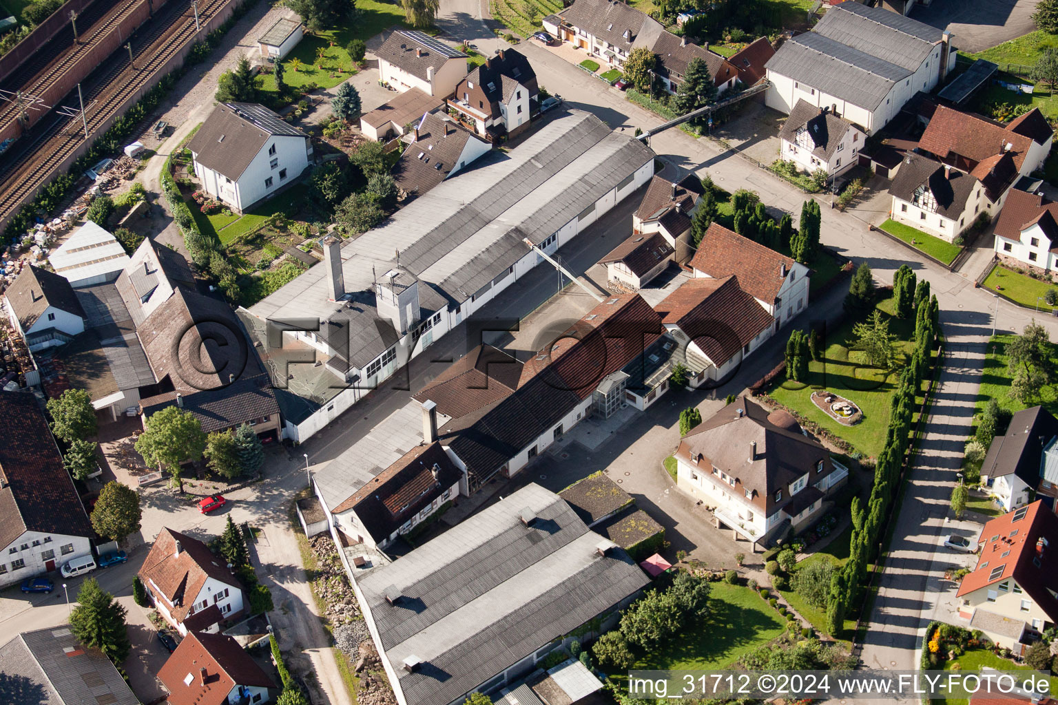 Aerial photograpy of Building and production halls on the premises of Muffenrohr GmbH in Ottersweier in the state Baden-Wurttemberg