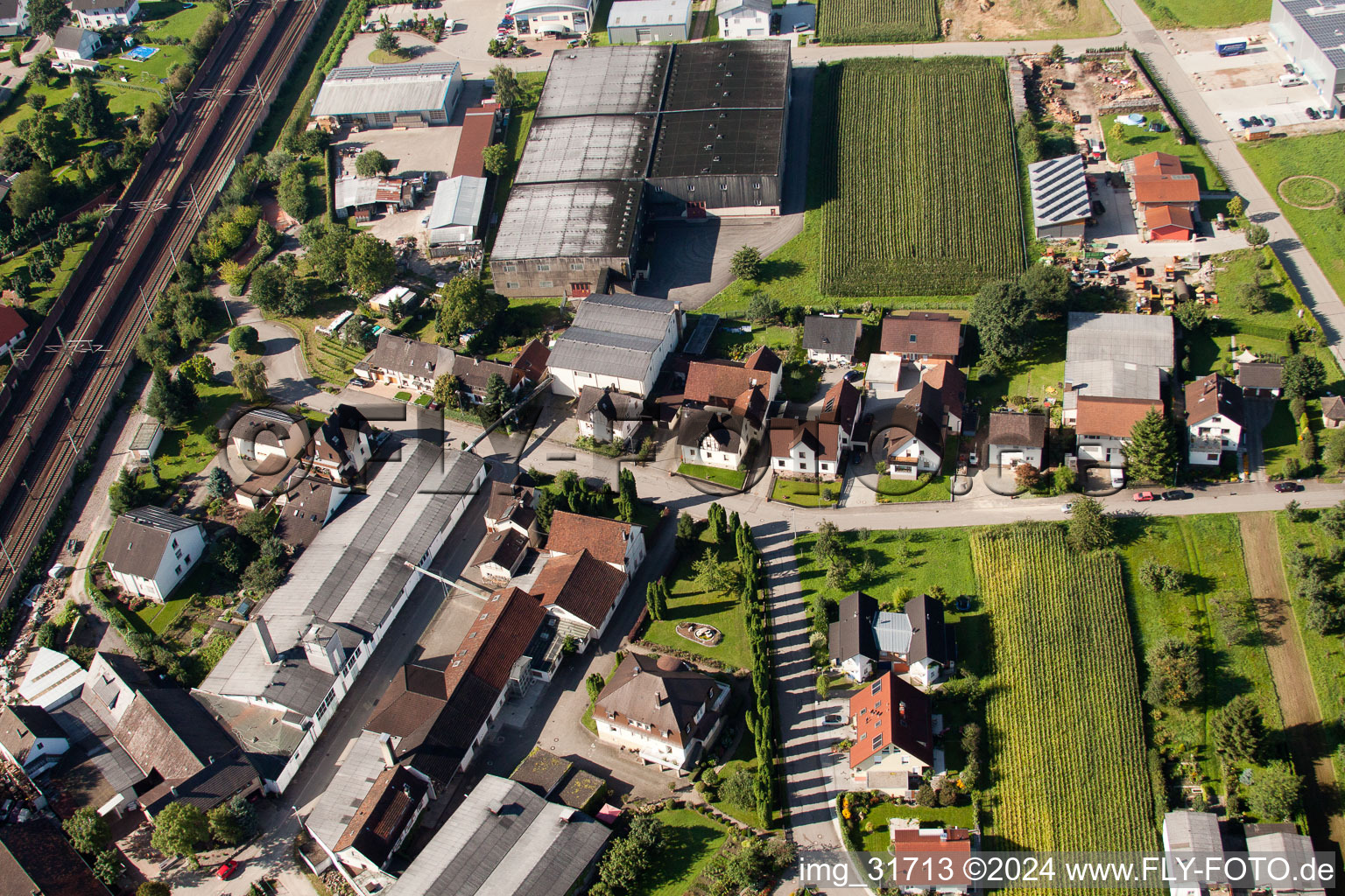 Oblique view of Building and production halls on the premises of Muffenrohr GmbH in Ottersweier in the state Baden-Wurttemberg