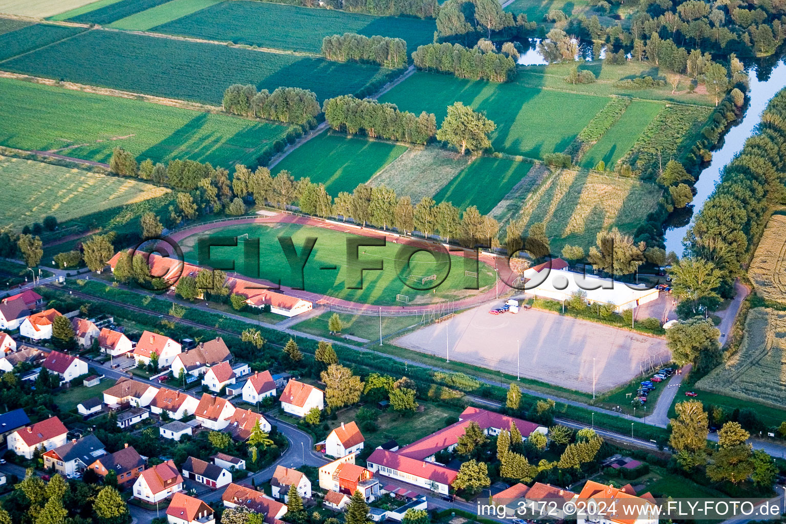 Aerial view of Sports field in Steinfeld in the state Rhineland-Palatinate, Germany