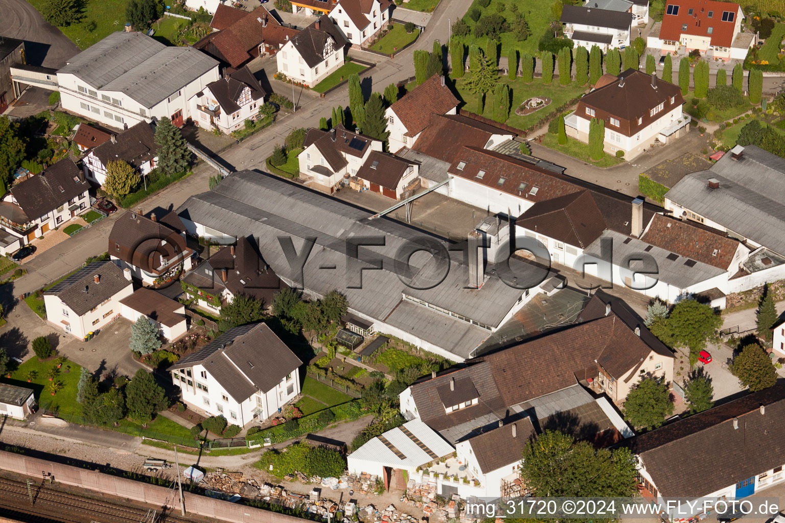 Building and production halls on the premises of Muffenrohr GmbH in Ottersweier in the state Baden-Wurttemberg seen from above