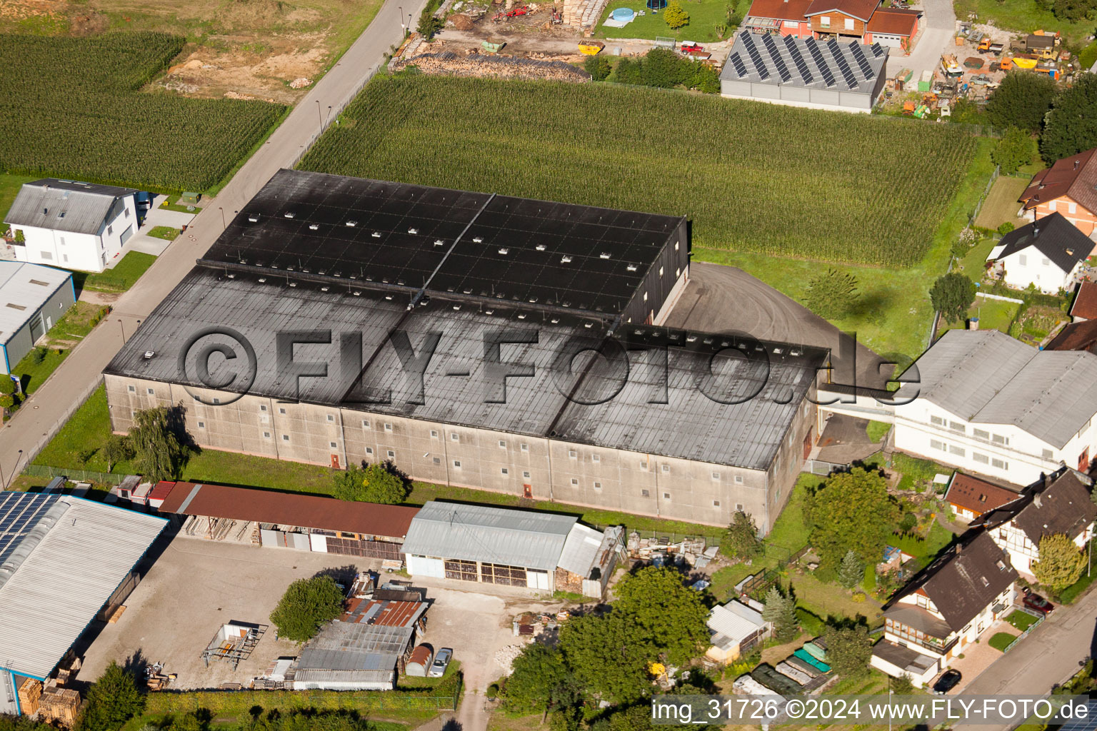 Bird's eye view of Building and production halls on the premises of Muffenrohr GmbH in Ottersweier in the state Baden-Wurttemberg