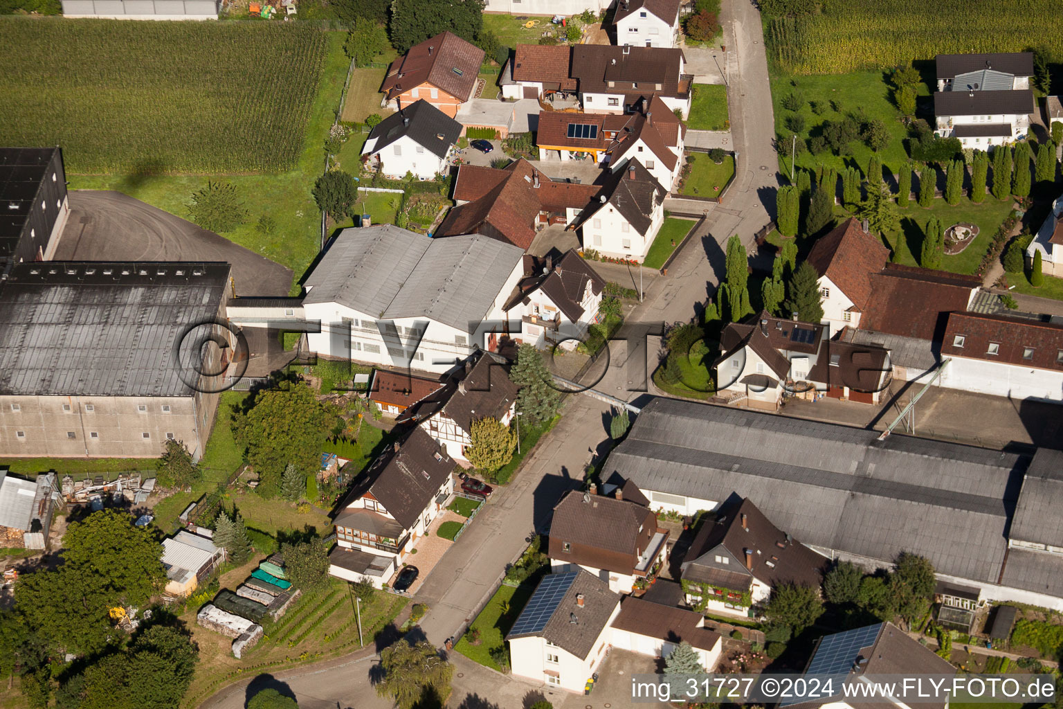 Building and production halls on the premises of Muffenrohr GmbH in Ottersweier in the state Baden-Wurttemberg viewn from the air