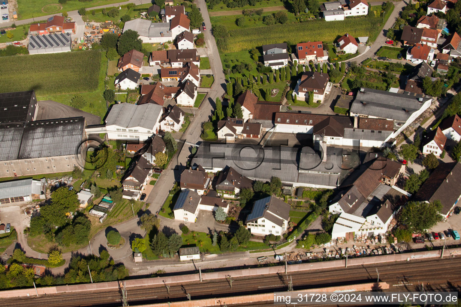 Drone recording of Building and production halls on the premises of Muffenrohr GmbH in Ottersweier in the state Baden-Wurttemberg