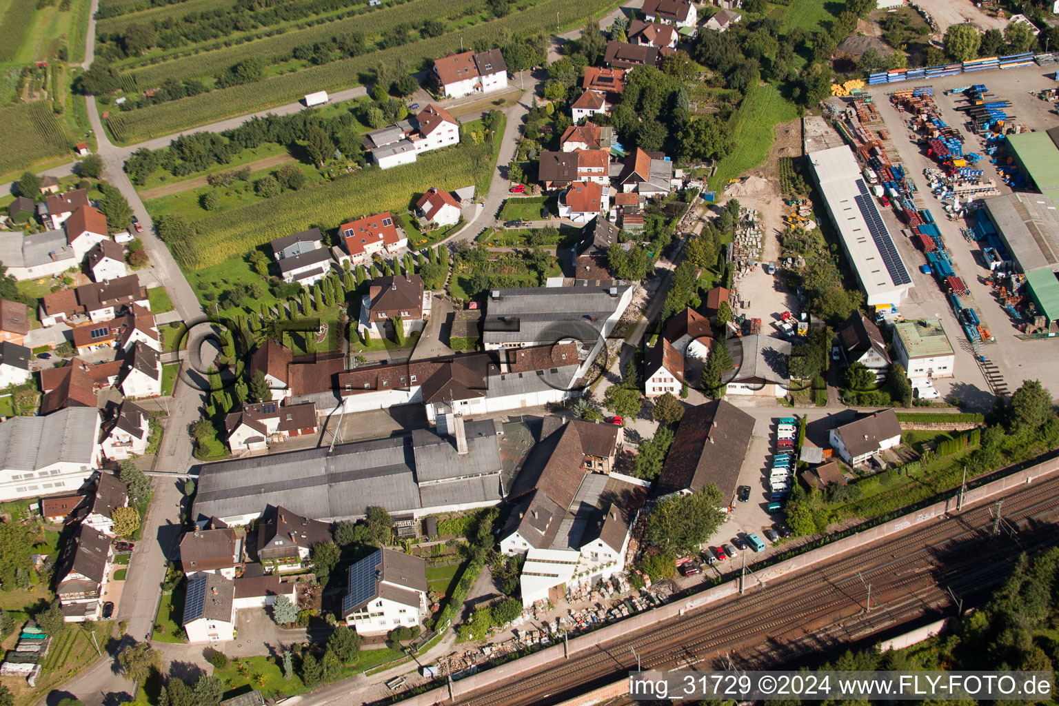 Drone image of Building and production halls on the premises of Muffenrohr GmbH in Ottersweier in the state Baden-Wurttemberg