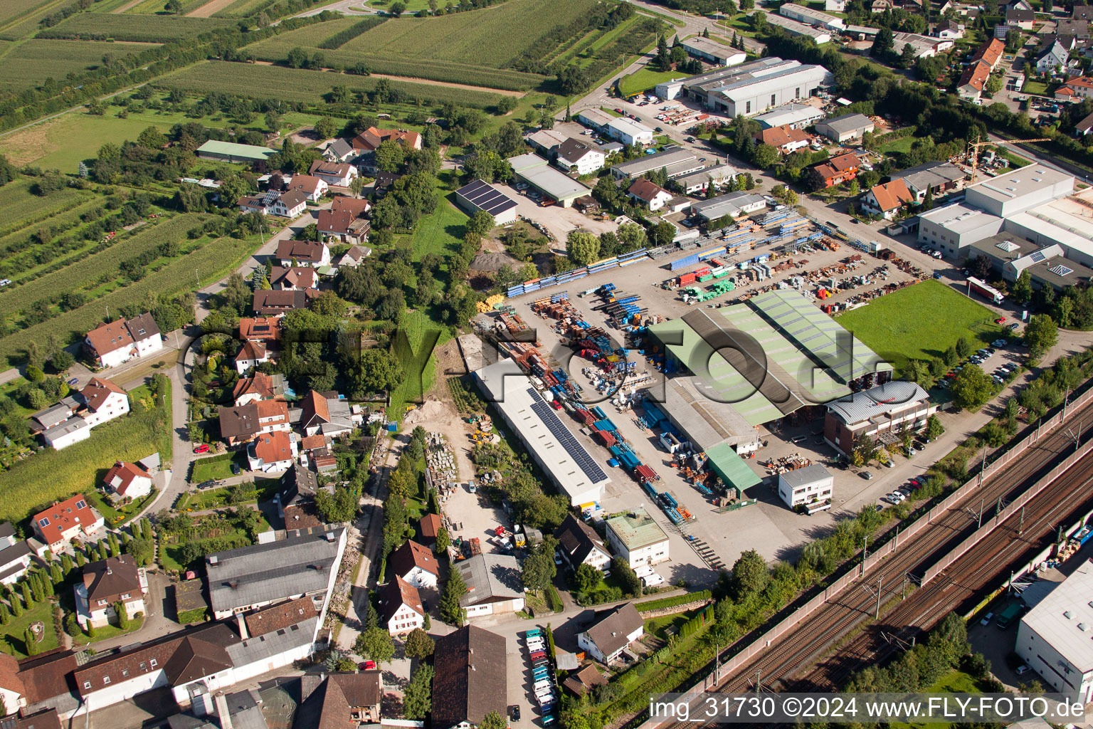 Building and production halls on the premises of Muffenrohr GmbH in Ottersweier in the state Baden-Wurttemberg from the drone perspective