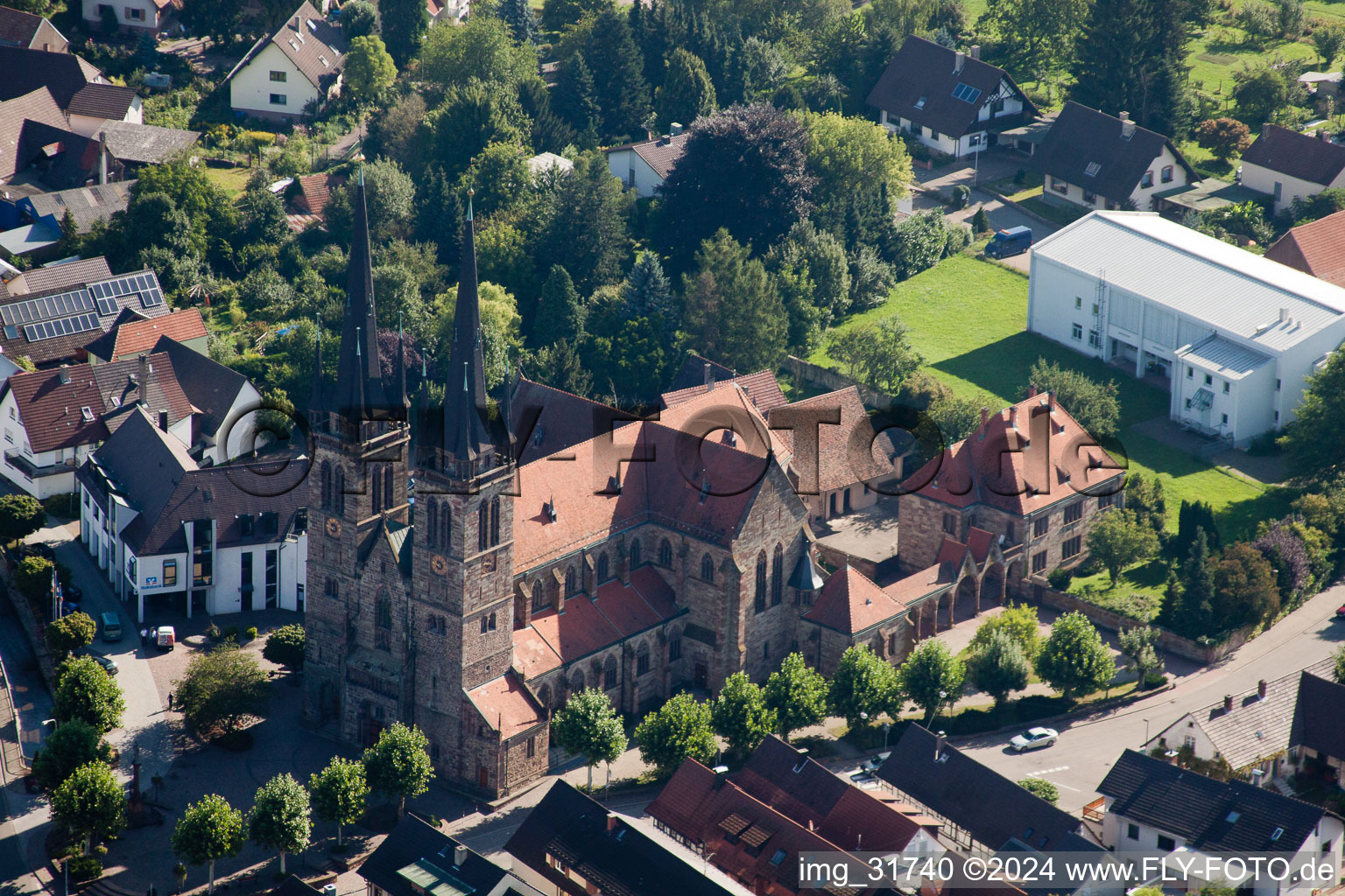 Aerial photograpy of Church building Katholische Pfarrkirche St. Johannes in Ottersweier in the state Baden-Wurttemberg, Germany