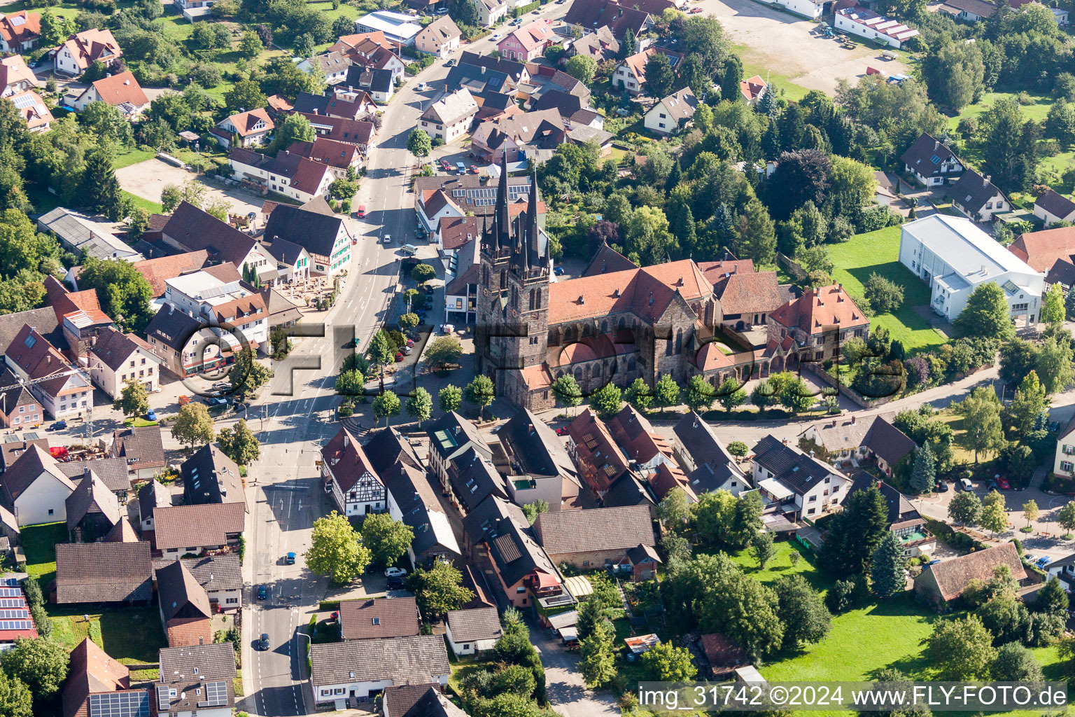 Oblique view of Church building Katholische Pfarrkirche St. Johannes in Ottersweier in the state Baden-Wurttemberg, Germany