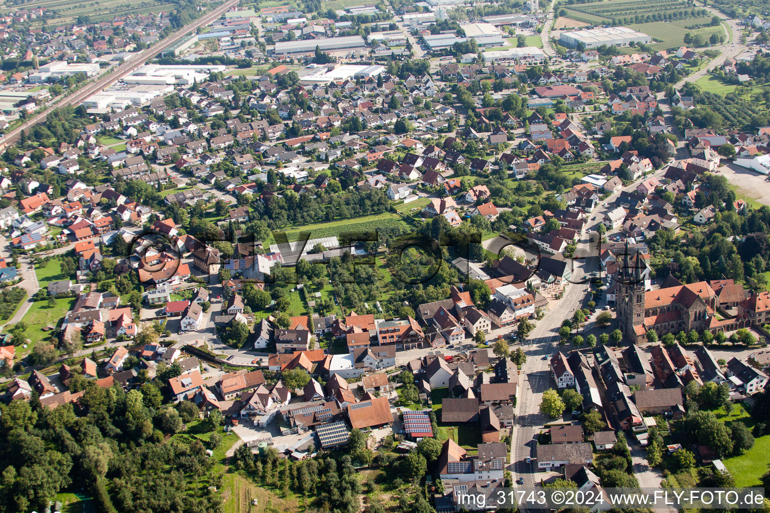 Building and production halls on the premises of Muffenrohr GmbH in Ottersweier in the state Baden-Wurttemberg seen from a drone