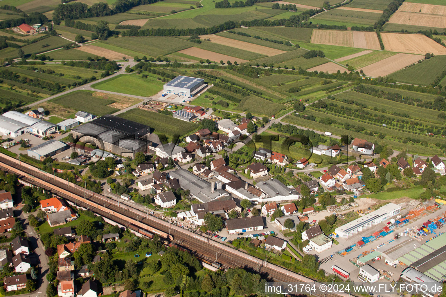 Bird's eye view of Building and production halls on the premises of Muffenrohr GmbH in Ottersweier in the state Baden-Wurttemberg