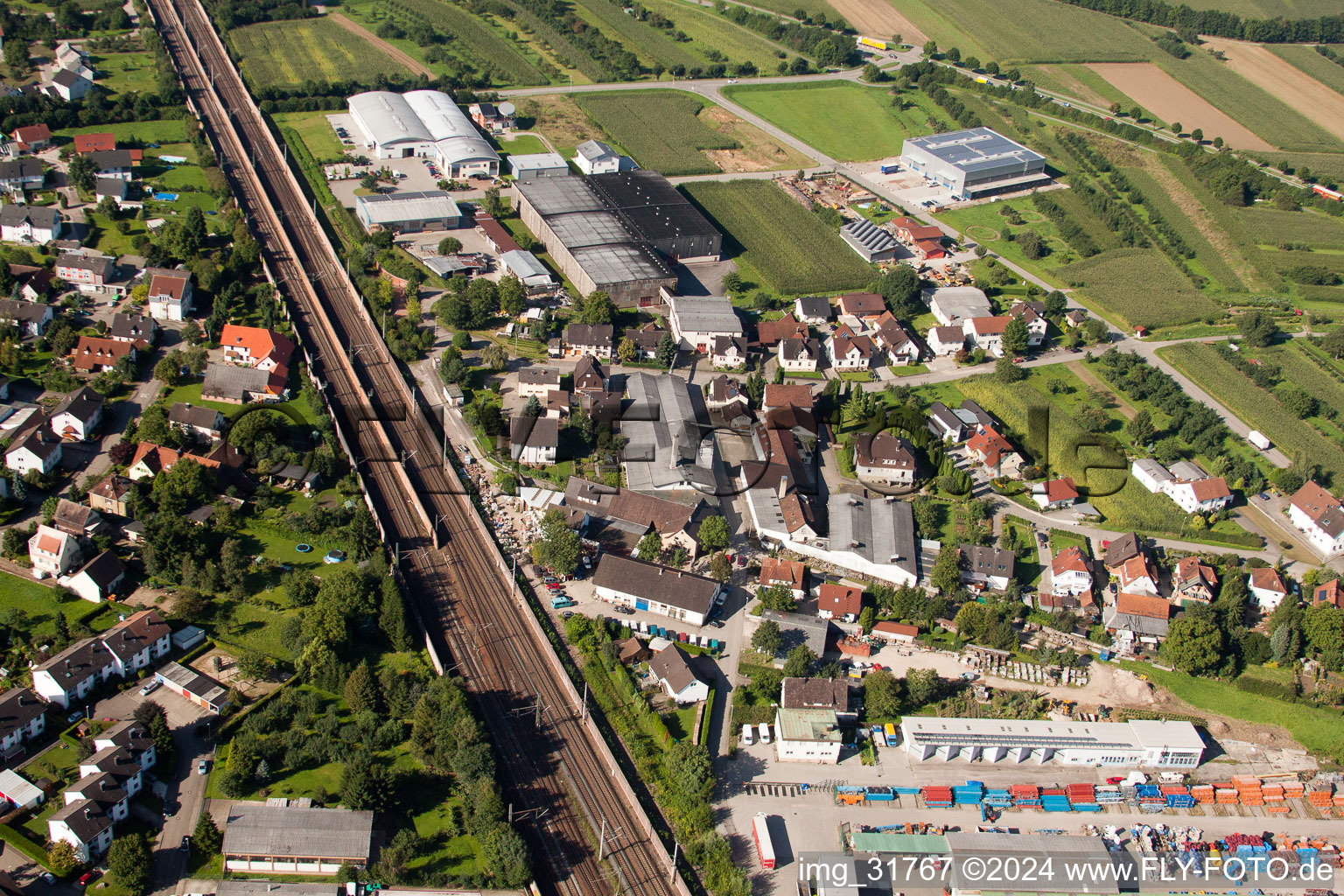 Building and production halls on the premises of Muffenrohr GmbH in Ottersweier in the state Baden-Wurttemberg viewn from the air