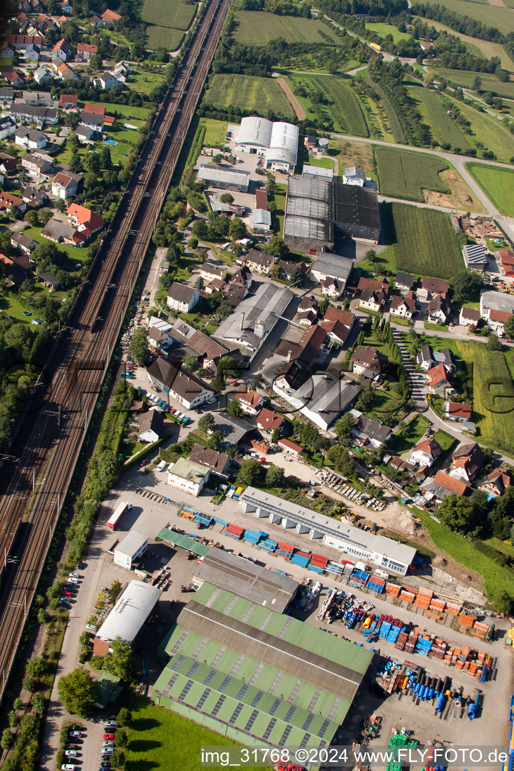 Drone recording of Building and production halls on the premises of Muffenrohr GmbH in Ottersweier in the state Baden-Wurttemberg