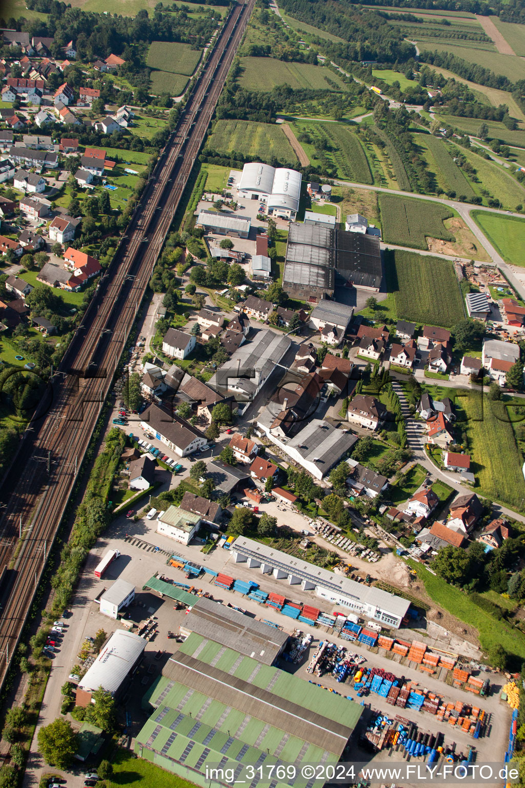 Drone image of Building and production halls on the premises of Muffenrohr GmbH in Ottersweier in the state Baden-Wurttemberg