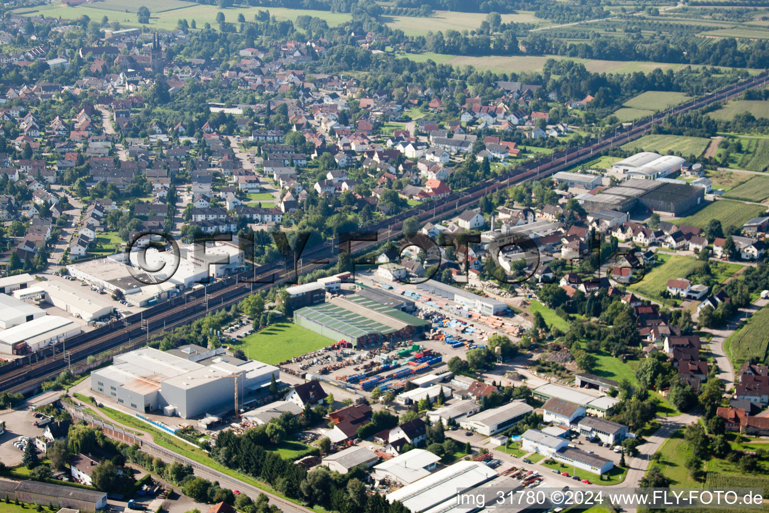 Aerial view of Building and production halls on the premises of Muffenrohr GmbH in Ottersweier in the state Baden-Wurttemberg