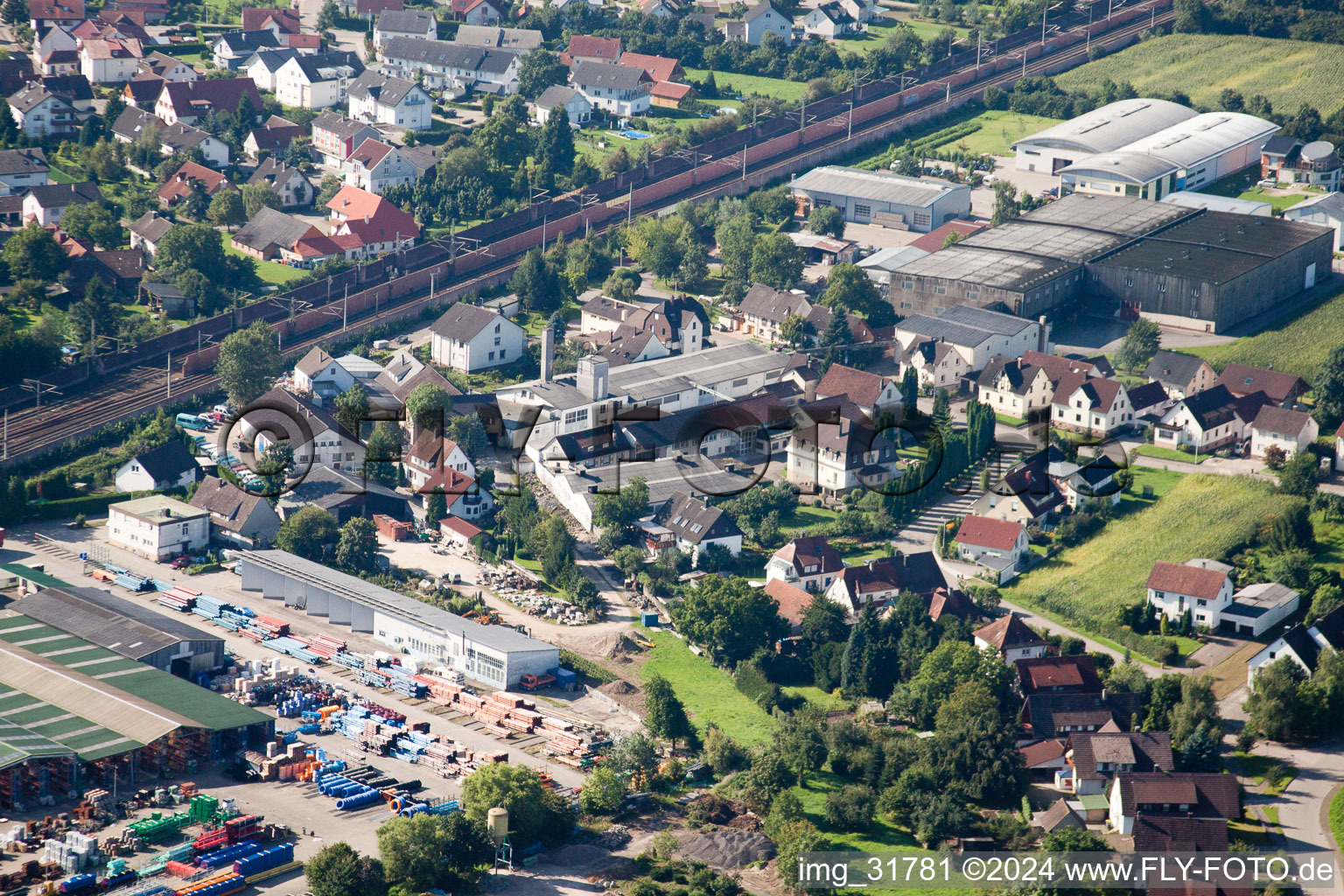 Aerial photograpy of Building and production halls on the premises of Muffenrohr GmbH in Ottersweier in the state Baden-Wurttemberg