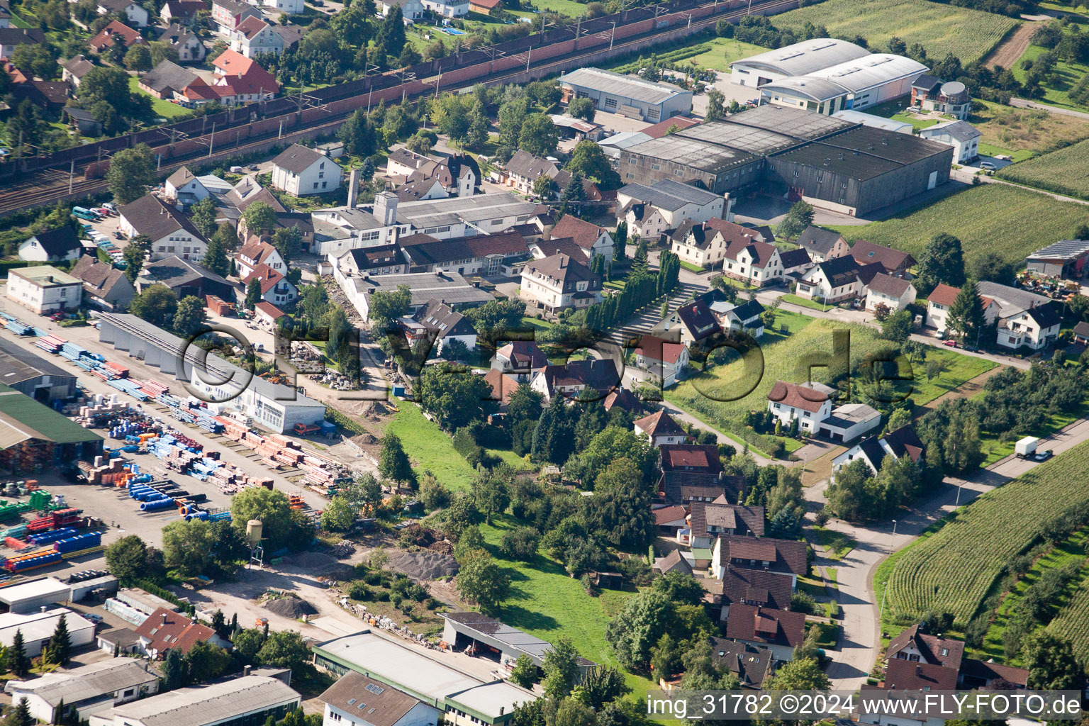 Building and production halls on the premises of Muffenrohr GmbH in Ottersweier in the state Baden-Wurttemberg seen from above
