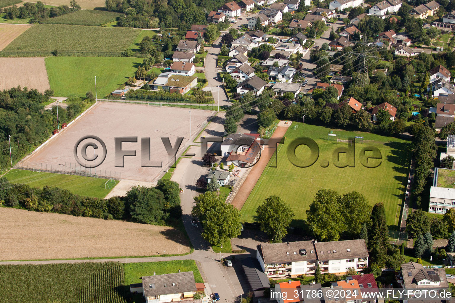 Aerial view of Football field in the district Vimbuch in Bühl in the state Baden-Wuerttemberg, Germany