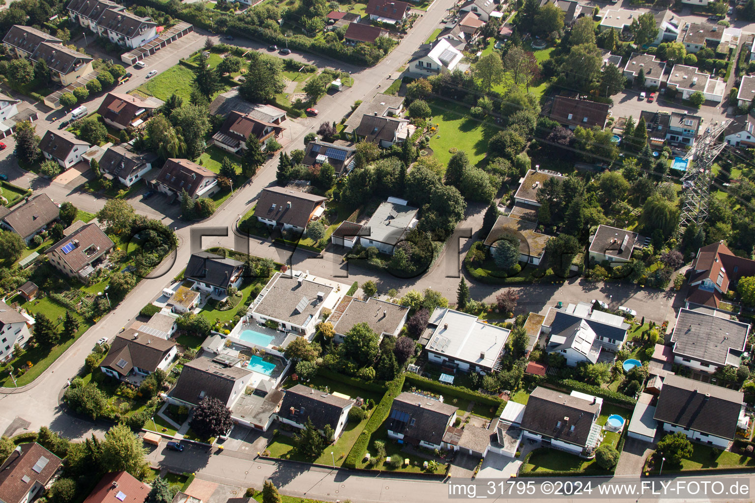 Fasanenstr in the district Vimbuch in Bühl in the state Baden-Wuerttemberg, Germany seen from above