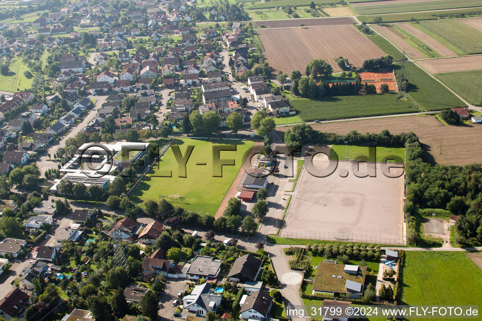 Football field in the district Vimbuch in Bühl in the state Baden-Wuerttemberg, Germany from above