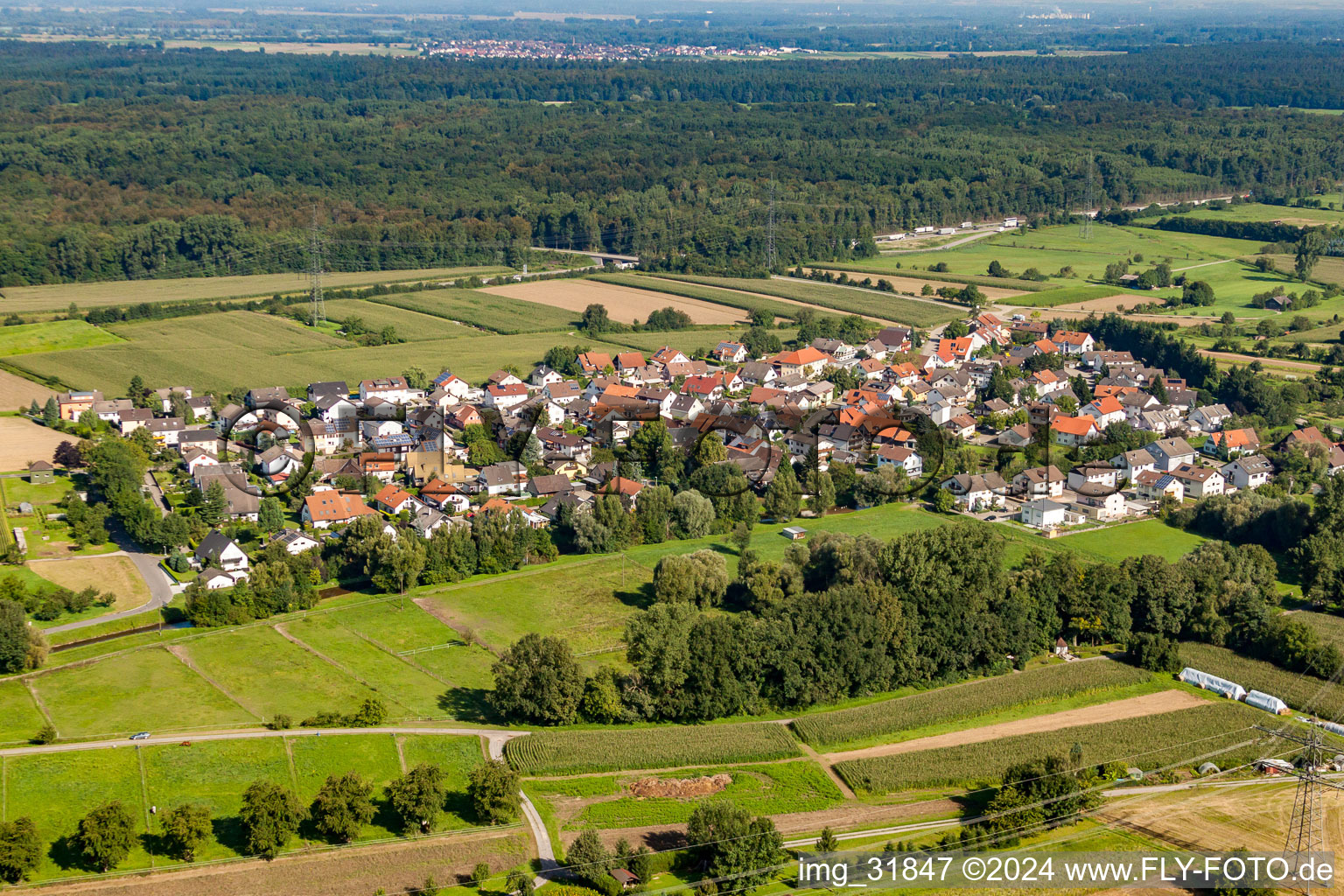 Village - view on the edge of agricultural fields and farmland in Halberstung in the state Baden-Wurttemberg, Germany