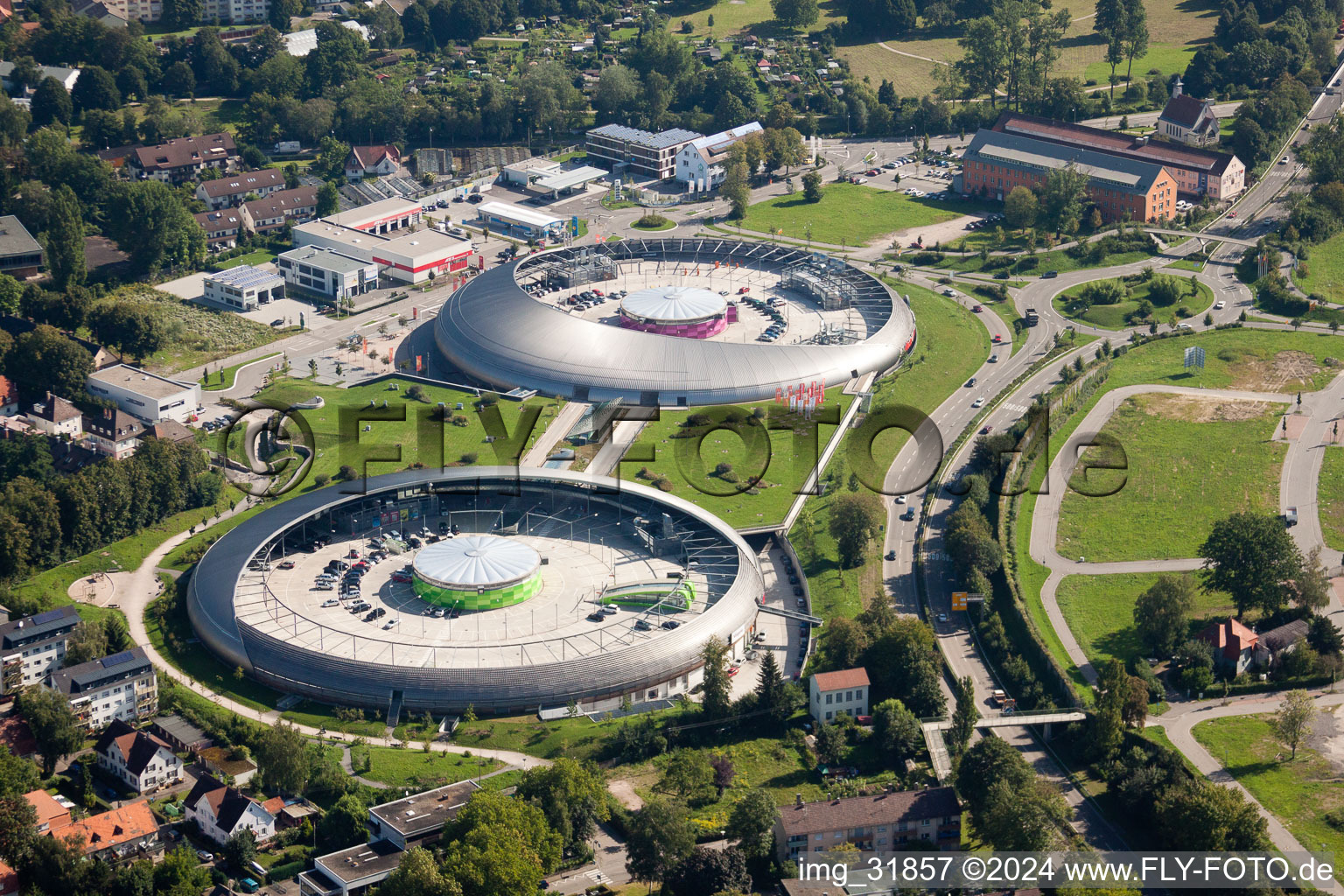 Building of the shopping center Shopping Cite in Baden-Baden in the state Baden-Wurttemberg seen from above