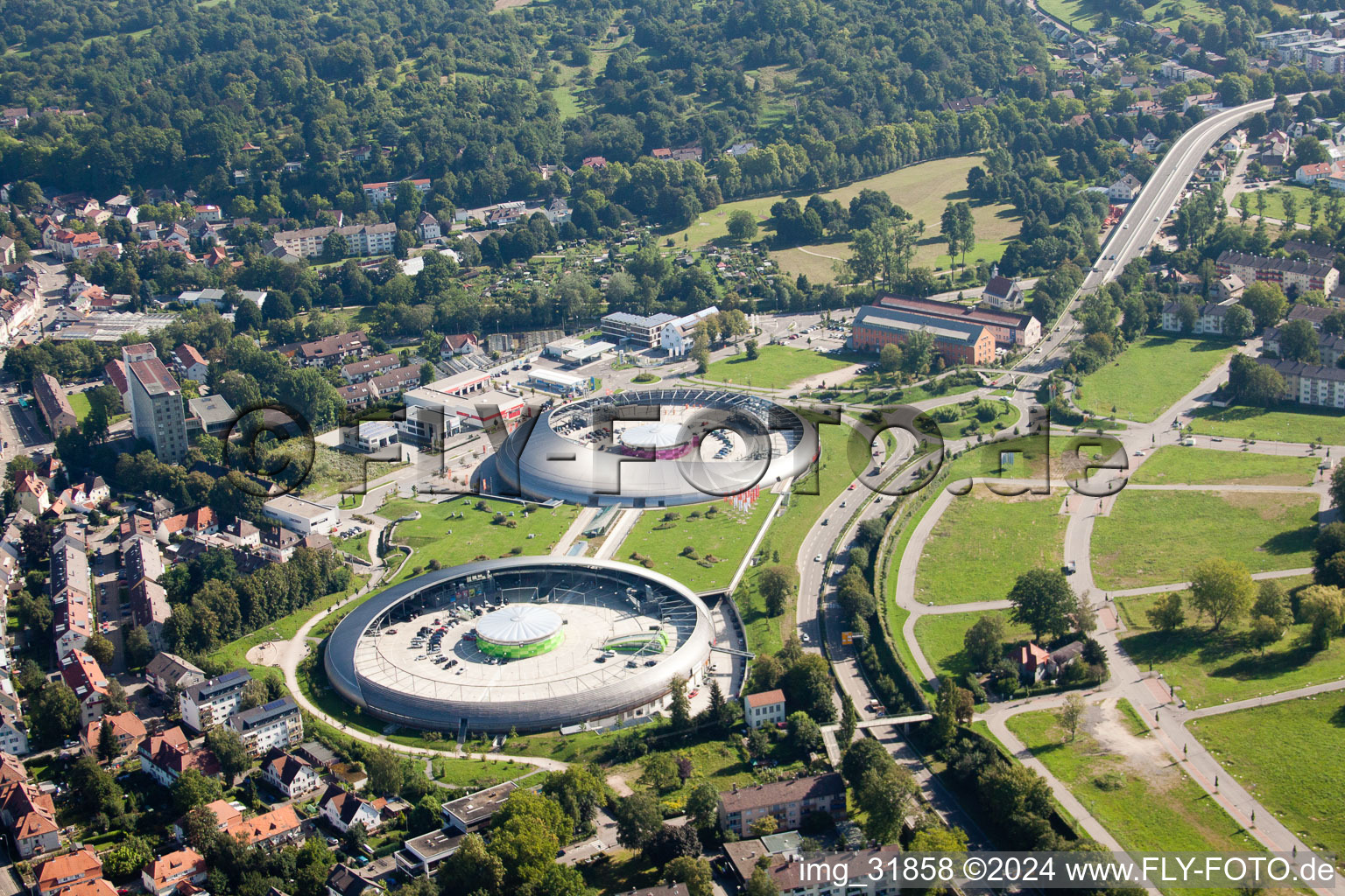 Building of the shopping center Shopping Cite in Baden-Baden in the state Baden-Wurttemberg from the plane