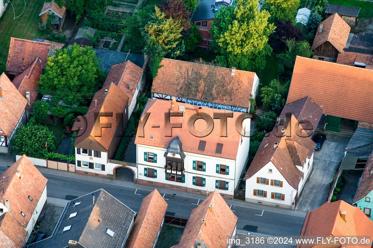 Aerial view of Main Street in the district Schaidt in Wörth am Rhein in the state Rhineland-Palatinate, Germany