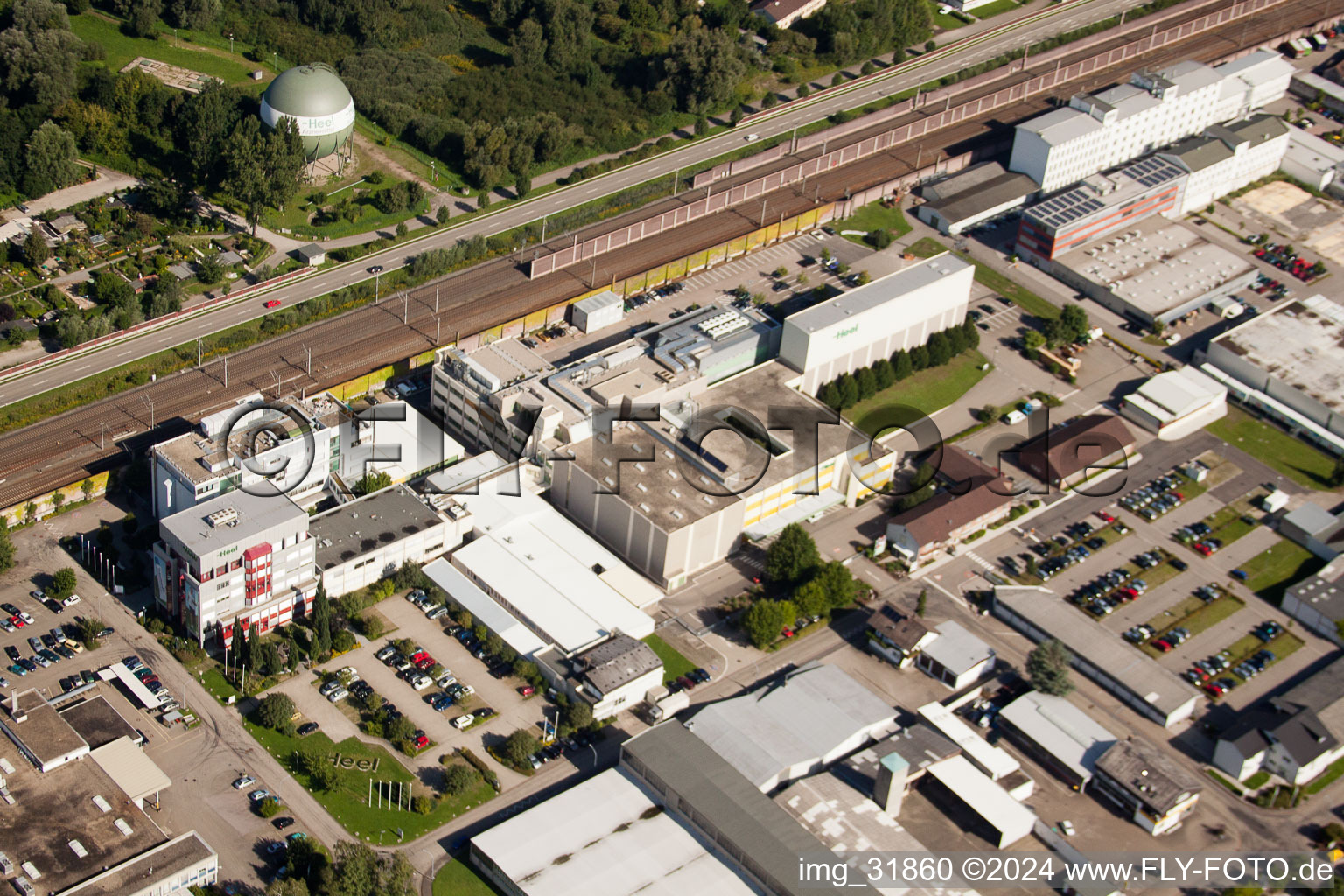 Aerial view of Building and production halls on the premises of Biologische Heilmittel Heel GmbH Dr.-Reckeweg-Strasse in the district Oos in Baden-Baden in the state Baden-Wurttemberg