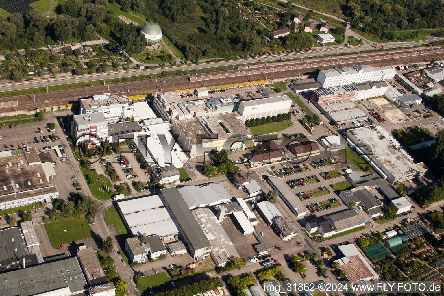 Oblique view of Building and production halls on the premises of Biologische Heilmittel Heel GmbH Dr.-Reckeweg-Strasse in the district Oos in Baden-Baden in the state Baden-Wurttemberg