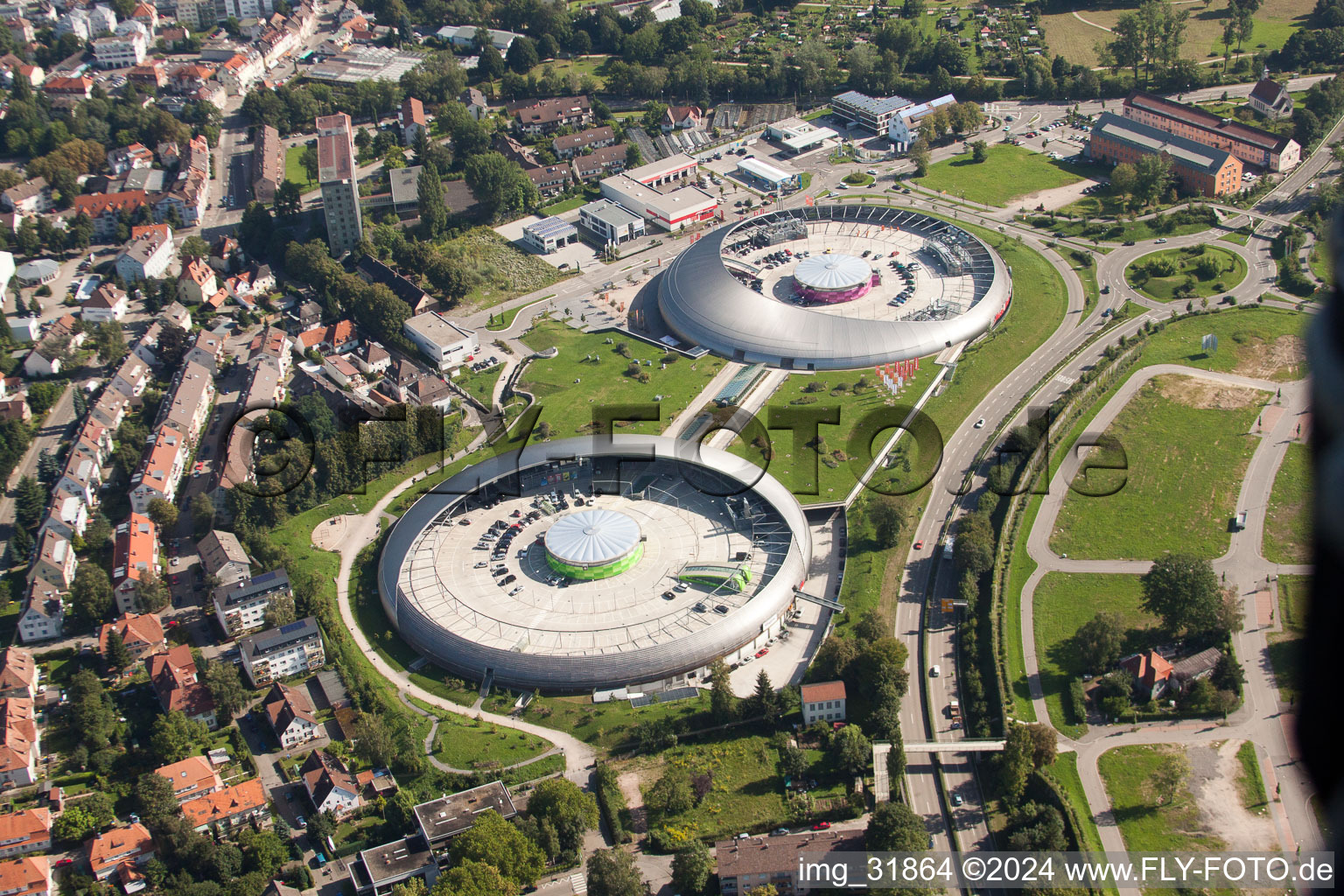 Bird's eye view of Building of the shopping center Shopping Cite in Baden-Baden in the state Baden-Wurttemberg