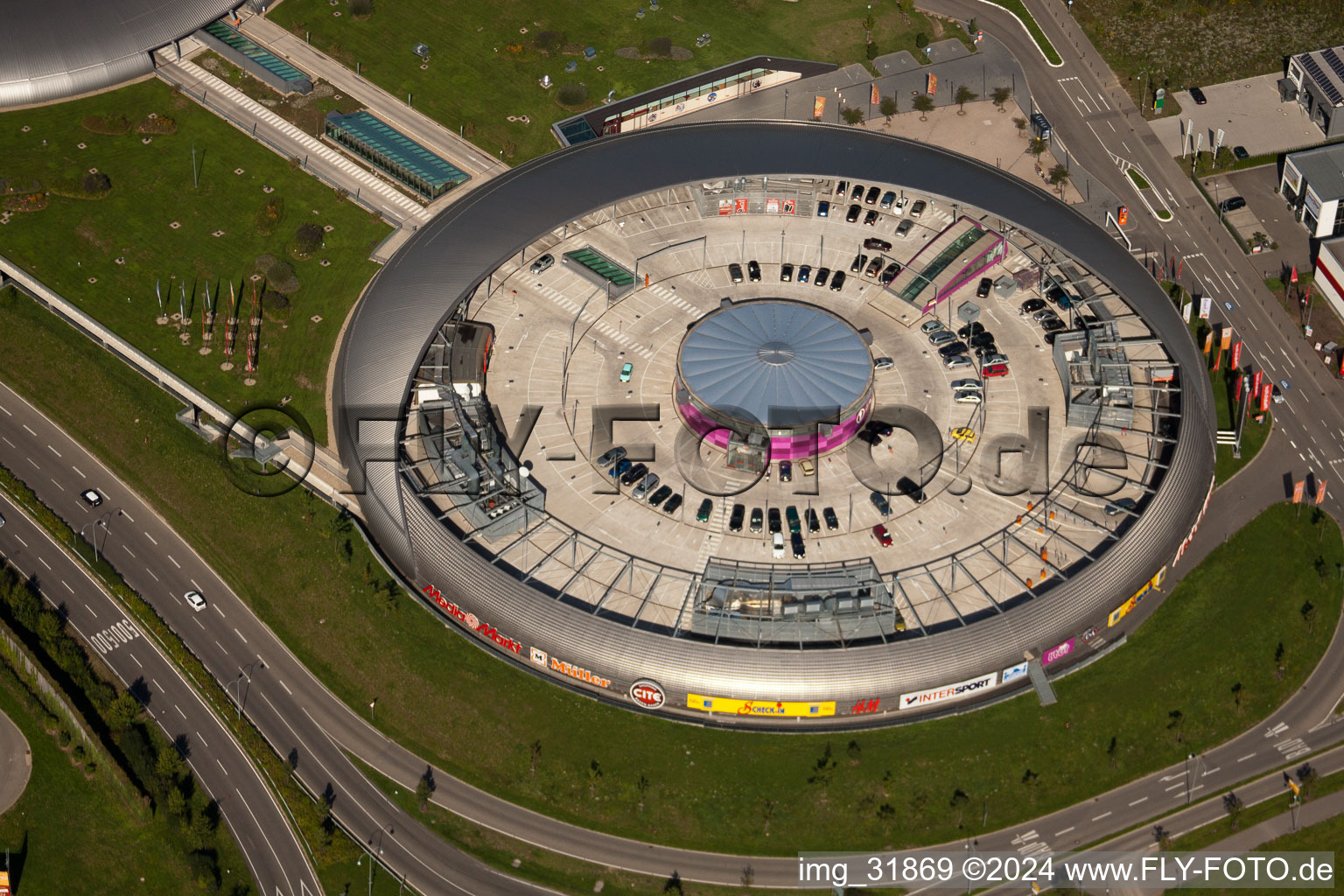 Building of the shopping center Shopping Cite in Baden-Baden in the state Baden-Wurttemberg viewn from the air