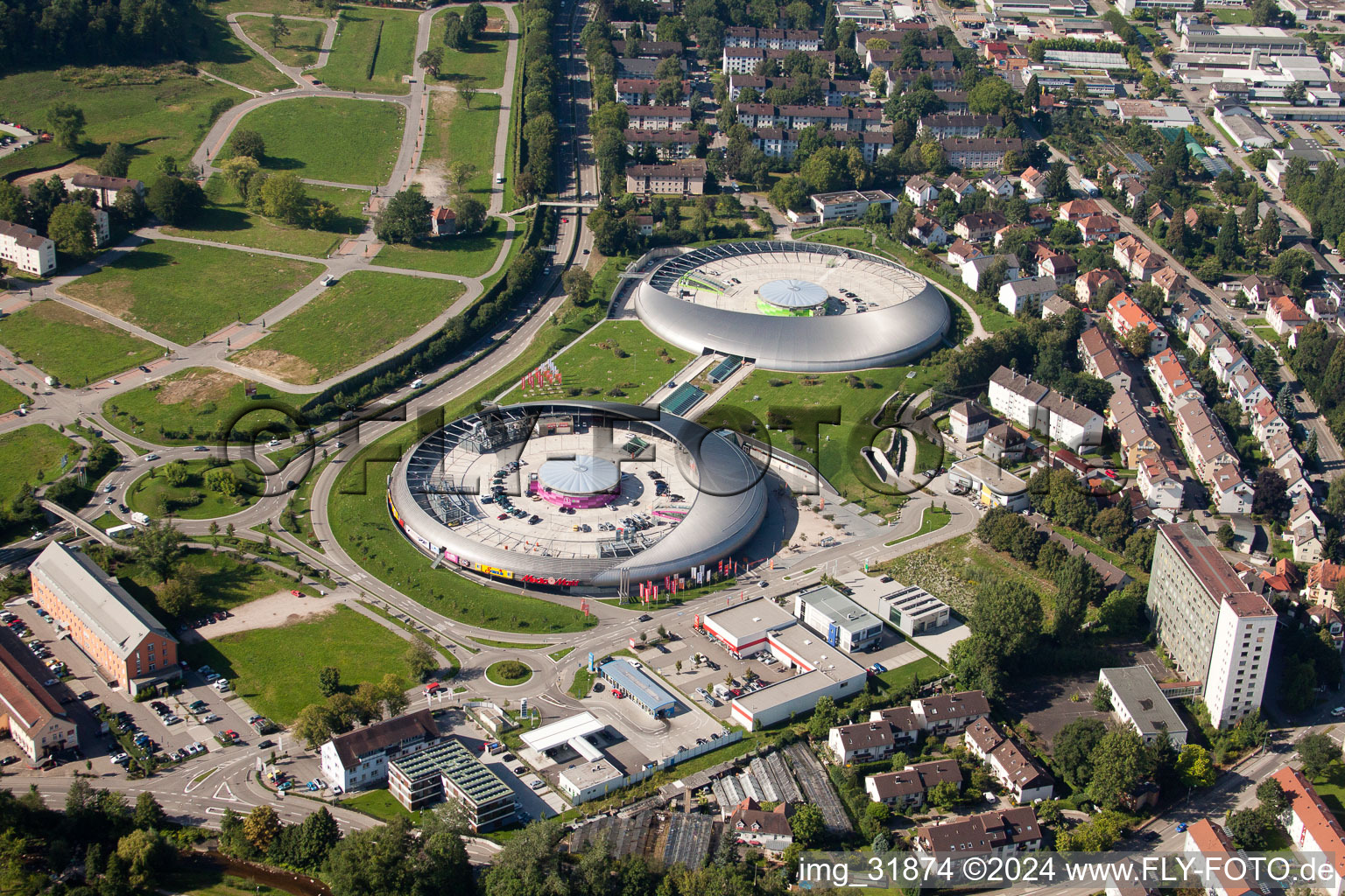 Building of the shopping center Shopping Cite in Baden-Baden in the state Baden-Wurttemberg from the drone perspective