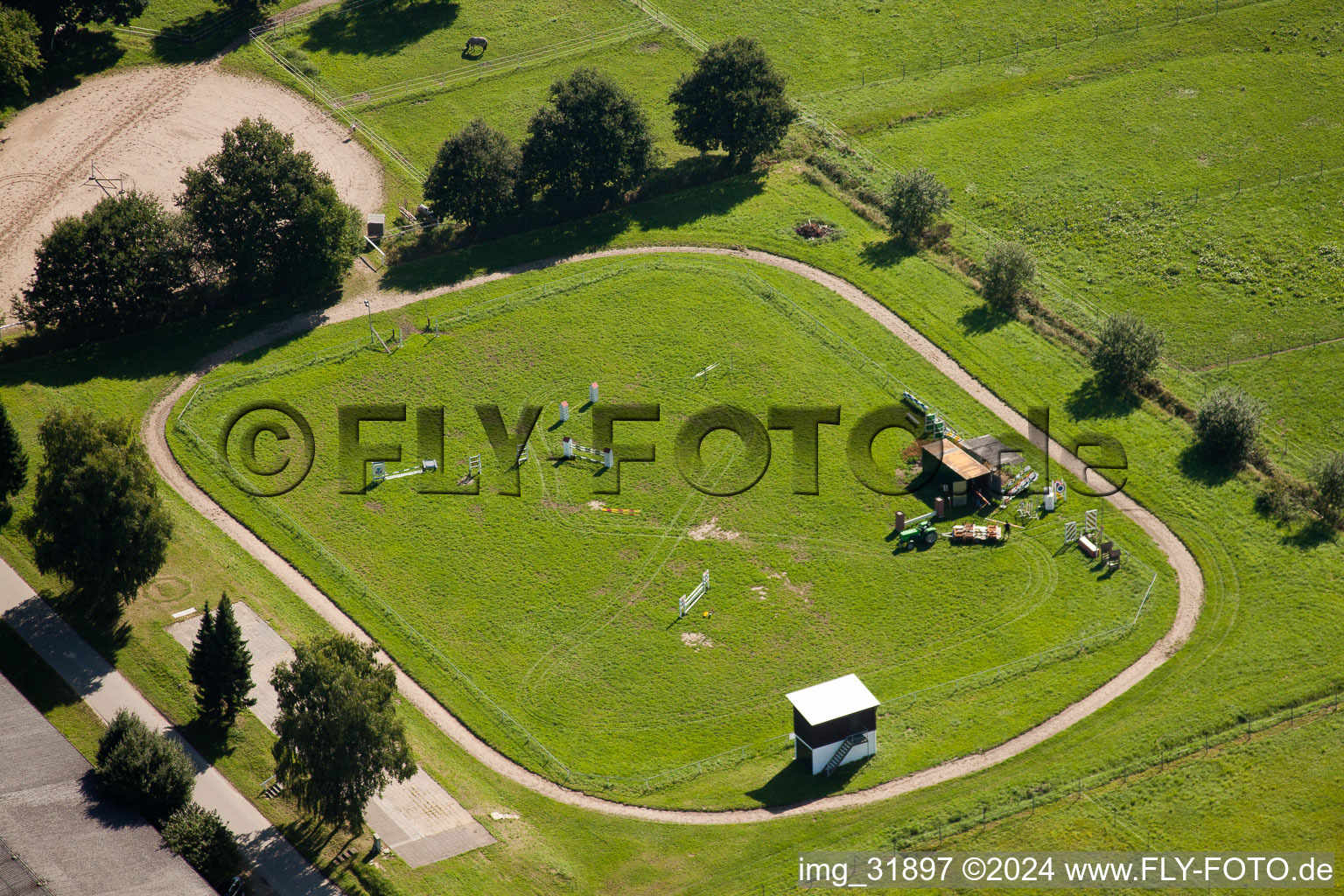 Aerial view of Schafhof horse farm in Muggensturm in the state Baden-Wuerttemberg, Germany