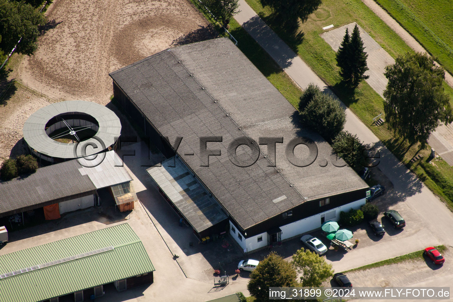 Oblique view of Schafhof horse farm in Muggensturm in the state Baden-Wuerttemberg, Germany