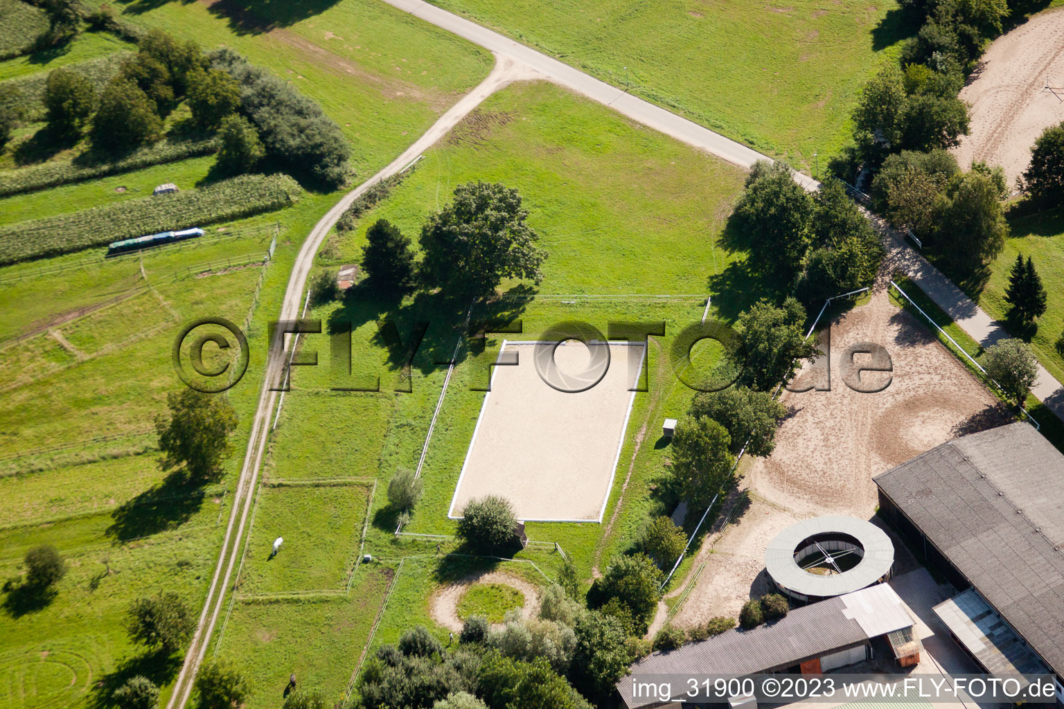 Schafhof horse farm in Muggensturm in the state Baden-Wuerttemberg, Germany from above