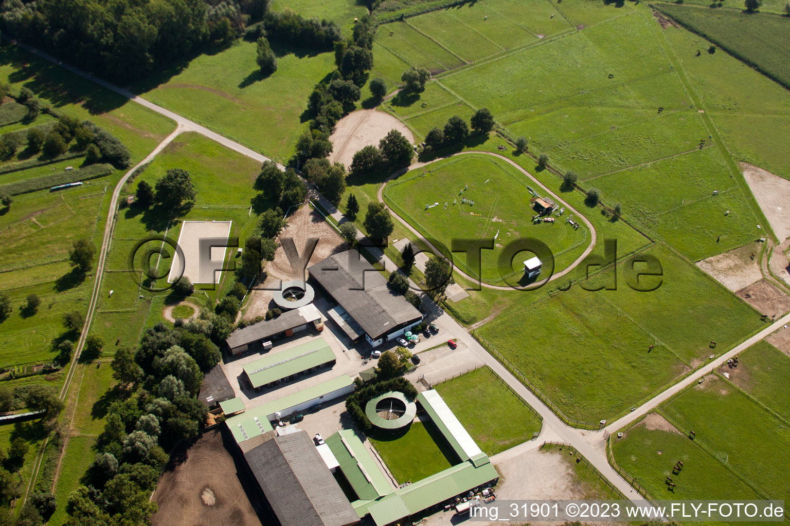 Schafhof horse farm in Muggensturm in the state Baden-Wuerttemberg, Germany out of the air