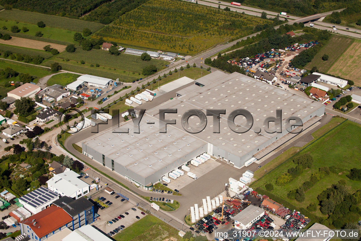 Aerial view of Schleifweg Industrial Area in Muggensturm in the state Baden-Wuerttemberg, Germany