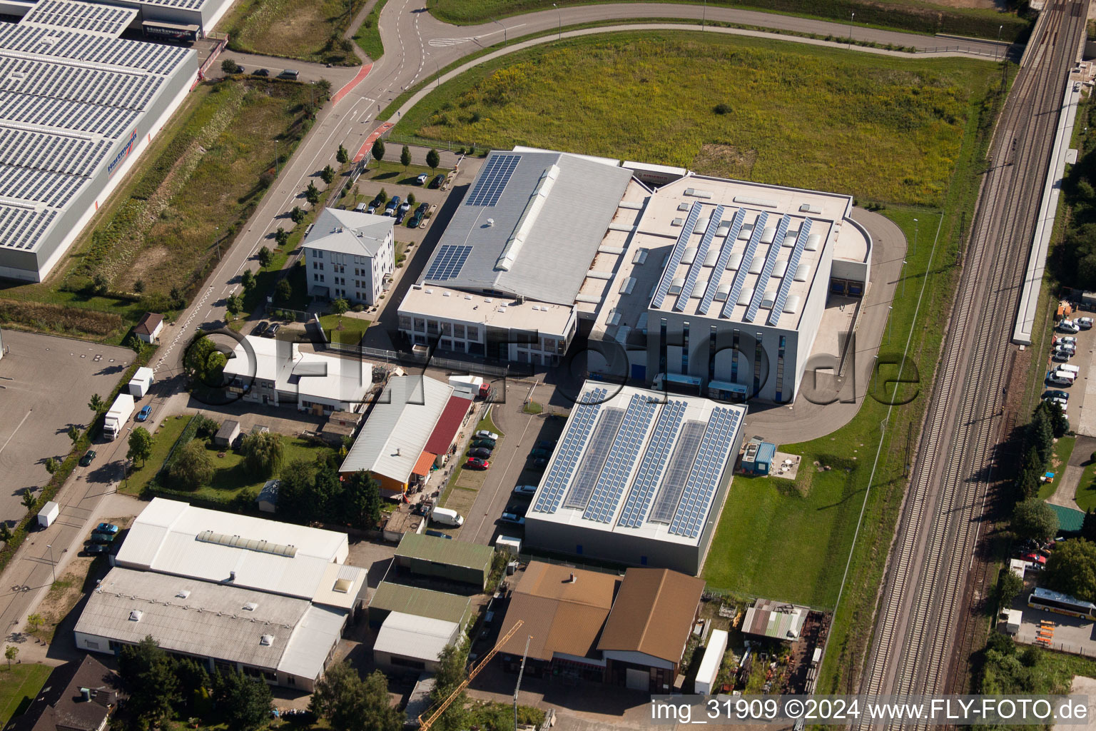 Aerial photograpy of Schleifweg Industrial Area in Muggensturm in the state Baden-Wuerttemberg, Germany