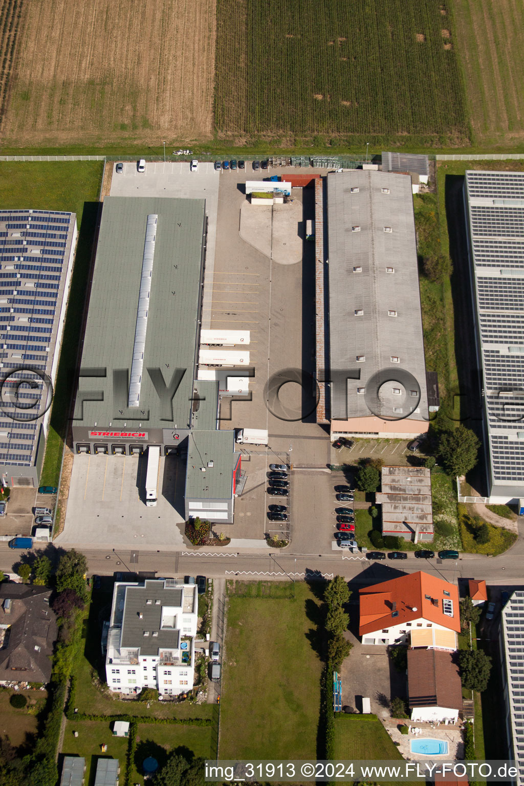 Aerial view of Schleifweg industrial area, Striebich-Logisitik in Muggensturm in the state Baden-Wuerttemberg, Germany