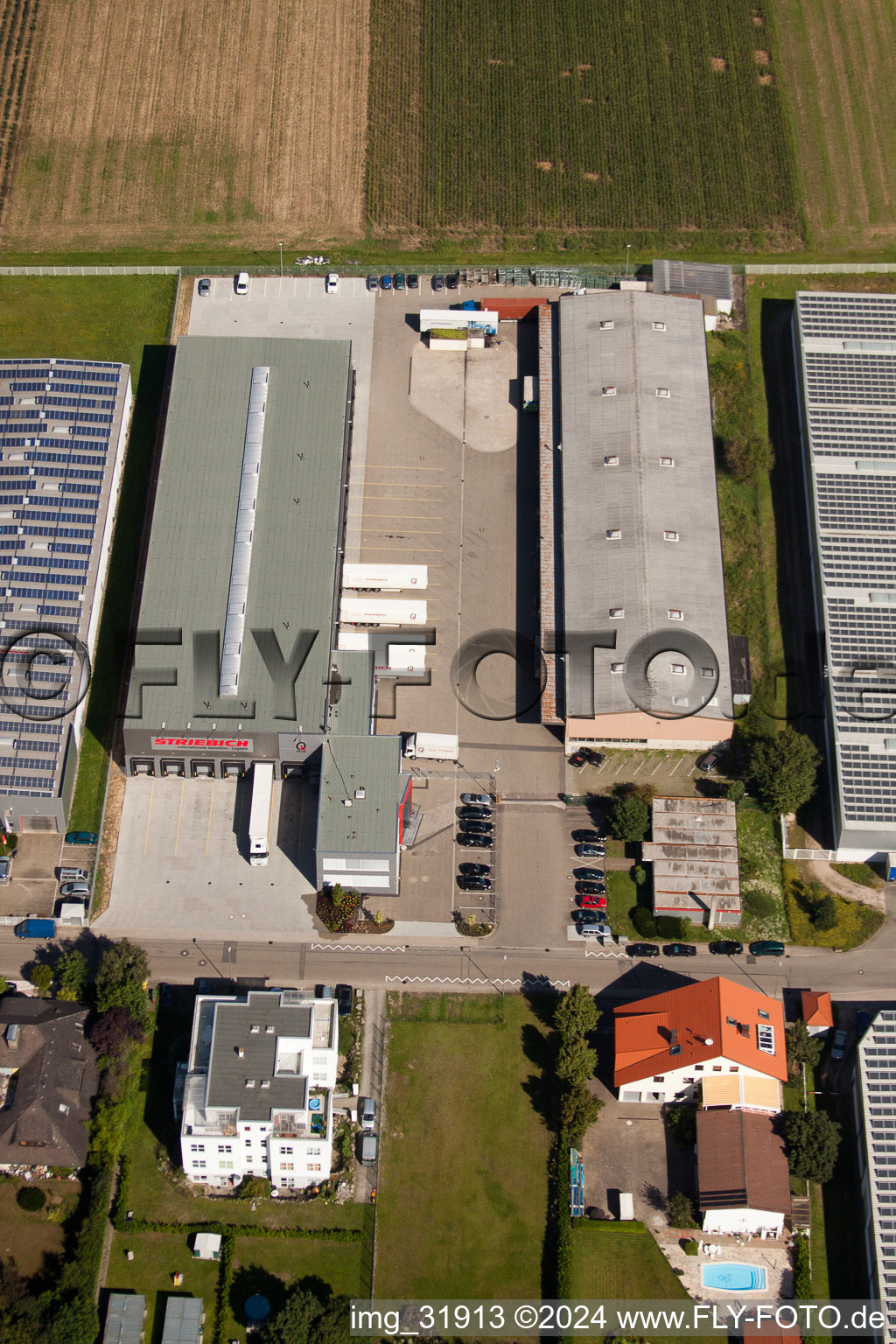 Aerial view of Schleifweg industrial area, Striebich logistics in Muggensturm in the state Baden-Wuerttemberg, Germany